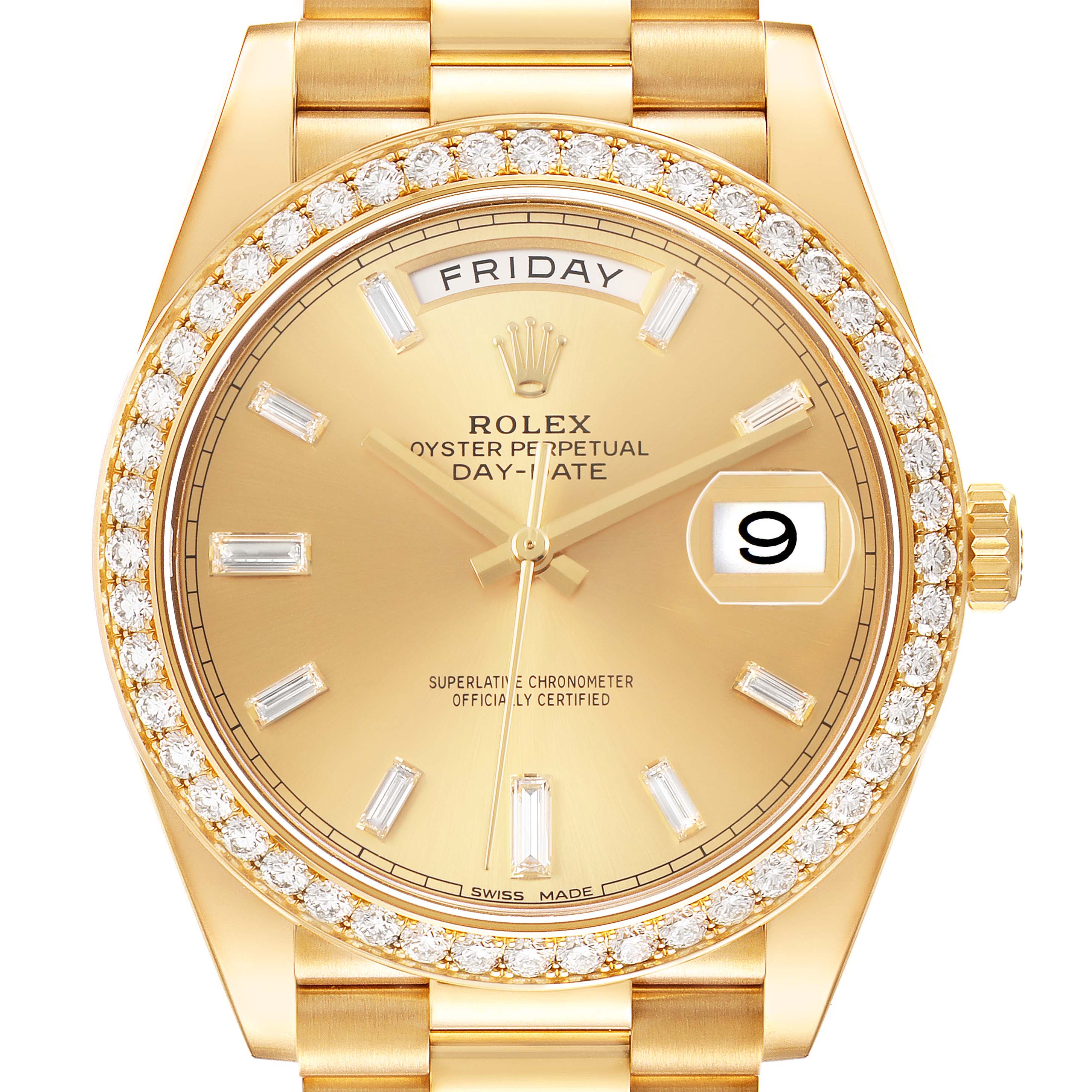 The Rolex President 228348 Men's Yellow Gold Champagne Dial model is shown from a front angle, highlighting the gold dial, diamond bezel, and day-date features.
