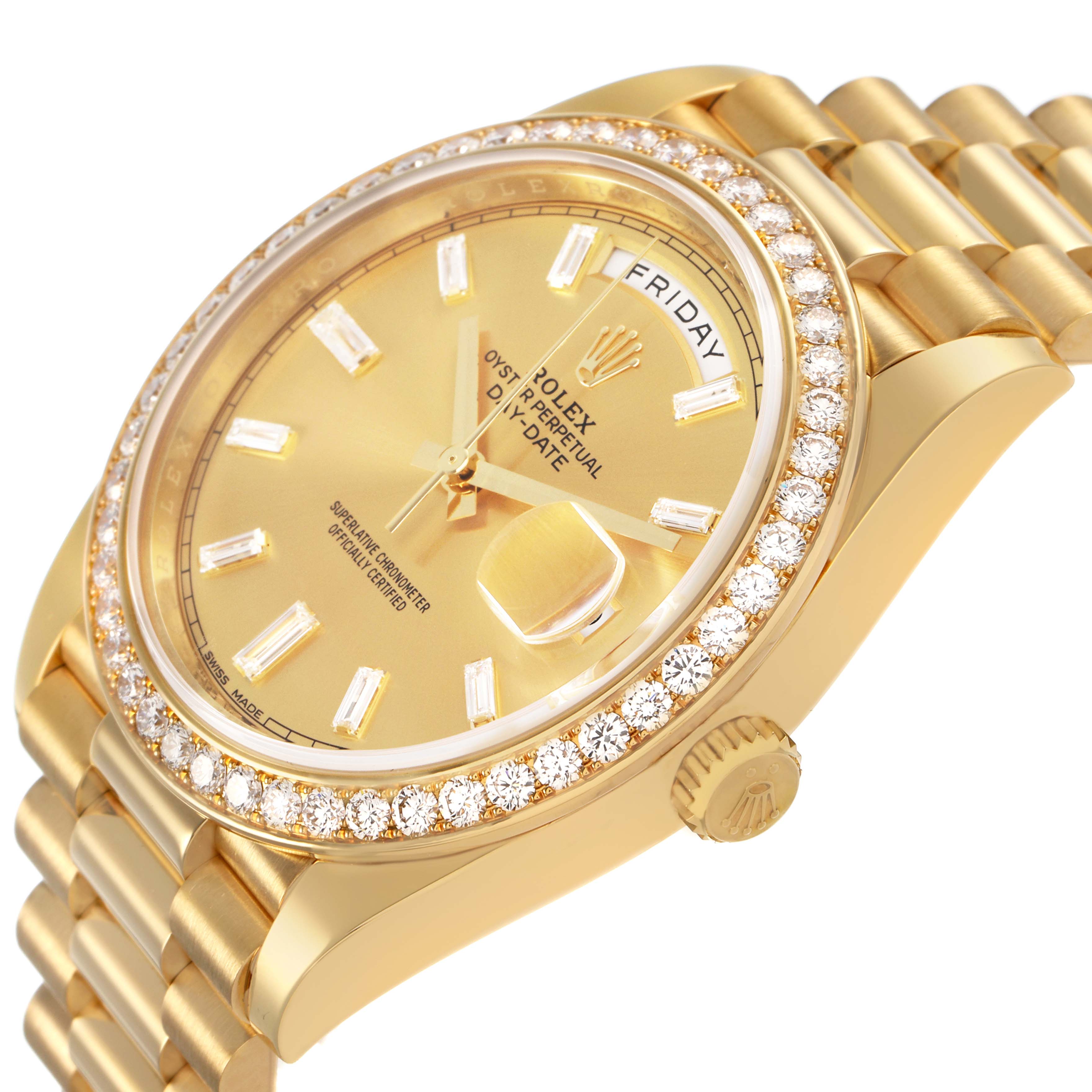 The Rolex President 228348 Men's Yellow Gold Champagne Dial model is shown at an oblique angle, highlighting the gold case, diamond bezel, bracelet, and day-date display.