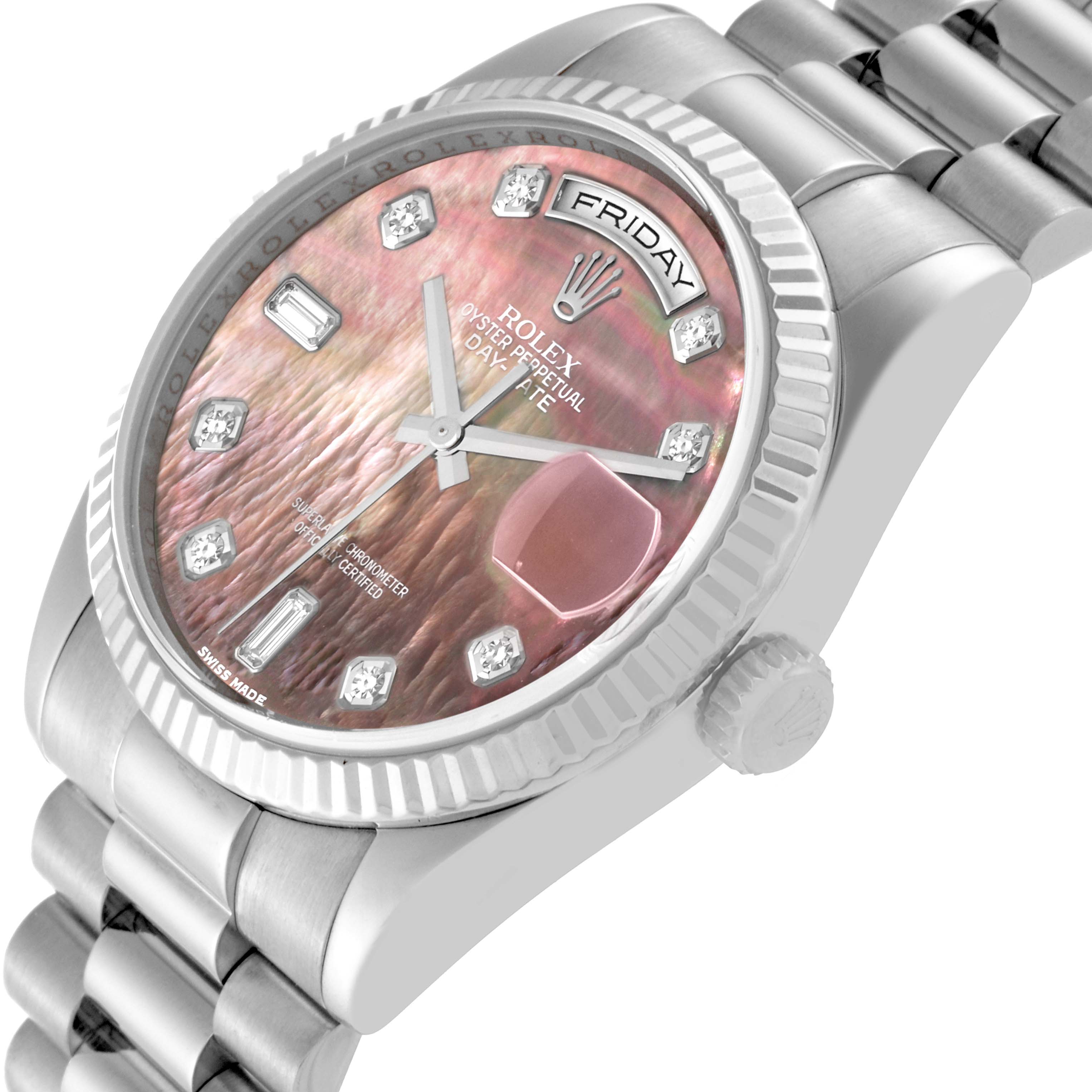 This image depicts a close-up, angled view of a Rolex President 118239 Men's White Gold Mother of Pearl Dial 118239 Men's White Gold Mother of Pearl Dial model watch, highlighting the dial, bezel, and part of the bracelet.