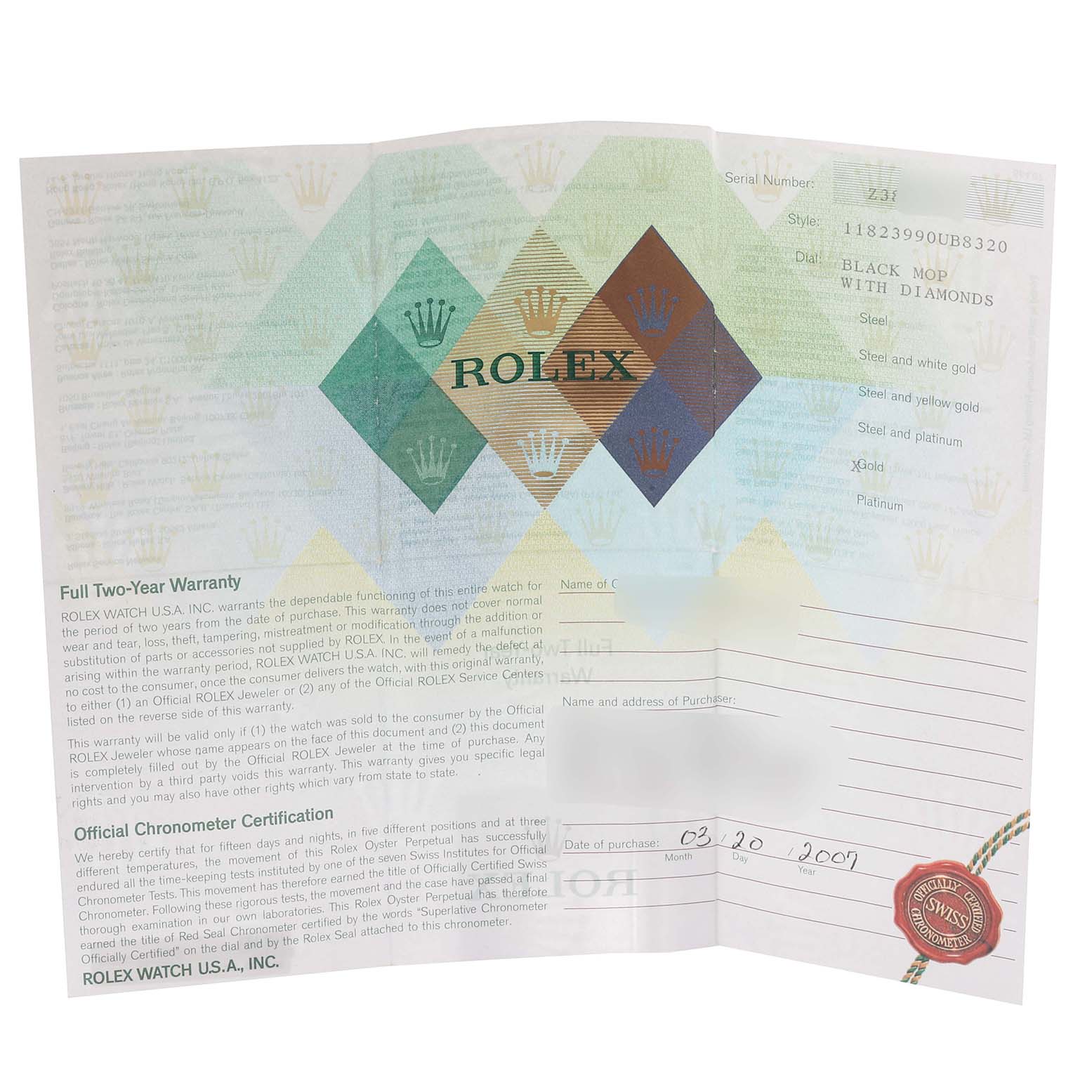 The image shows a warranty and certification document for a Rolex President 118239 Men's White Gold Mother of Pearl Dial 118239 Men's White Gold Mother of Pearl Dial model watch, featuring purchase details and branding.