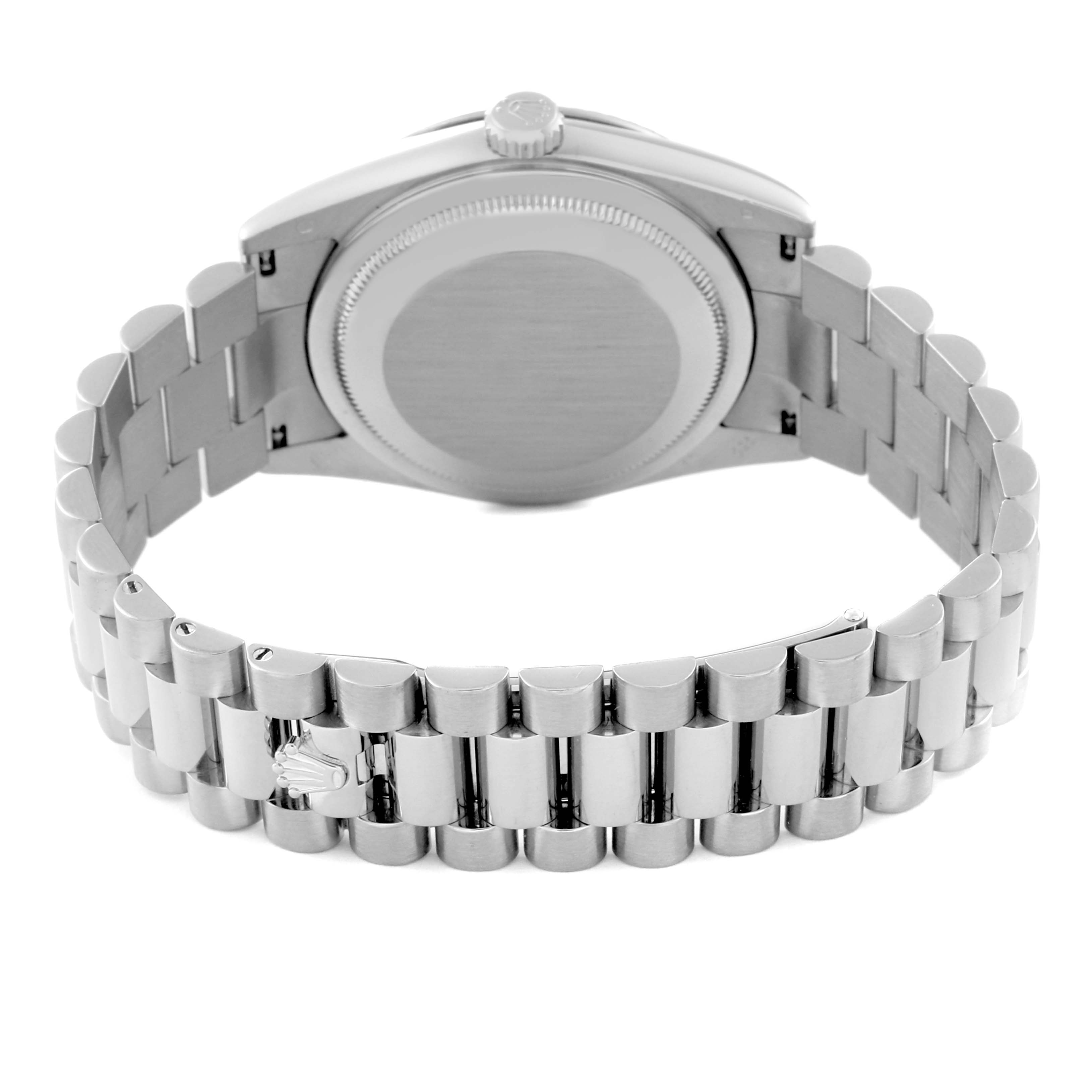 The image shows the back view of a Rolex President 118239 Men's White Gold Mother of Pearl Dial 118239 Men's White Gold Mother of Pearl Dial model watch, highlighting its case back and bracelet.