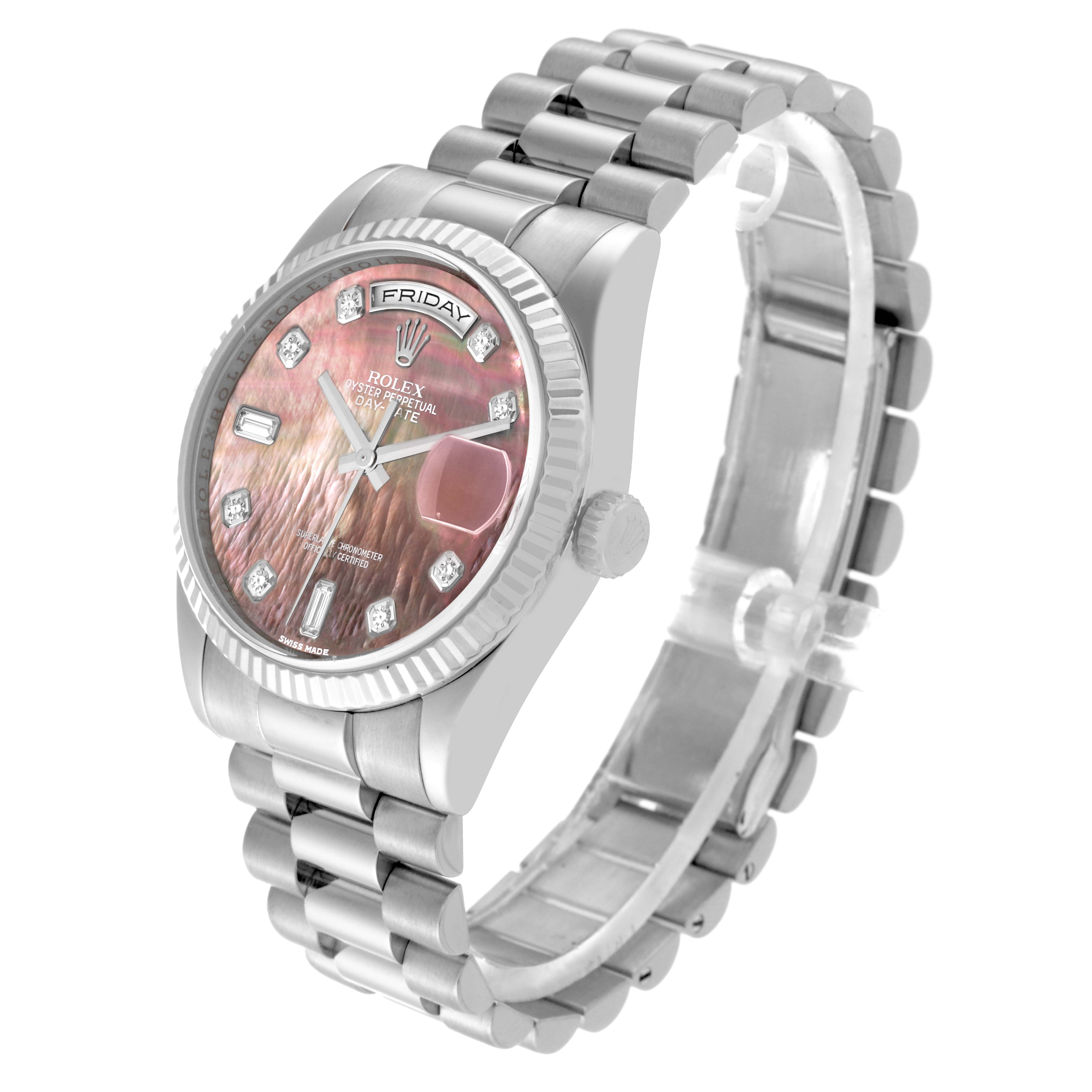 The image shows a Rolex President 118239 Men's White Gold Mother of Pearl Dial 118239 Men's White Gold Mother of Pearl Dial model watch from a 3/4 angle, displaying the dial, bezel, crown, and bracelet.