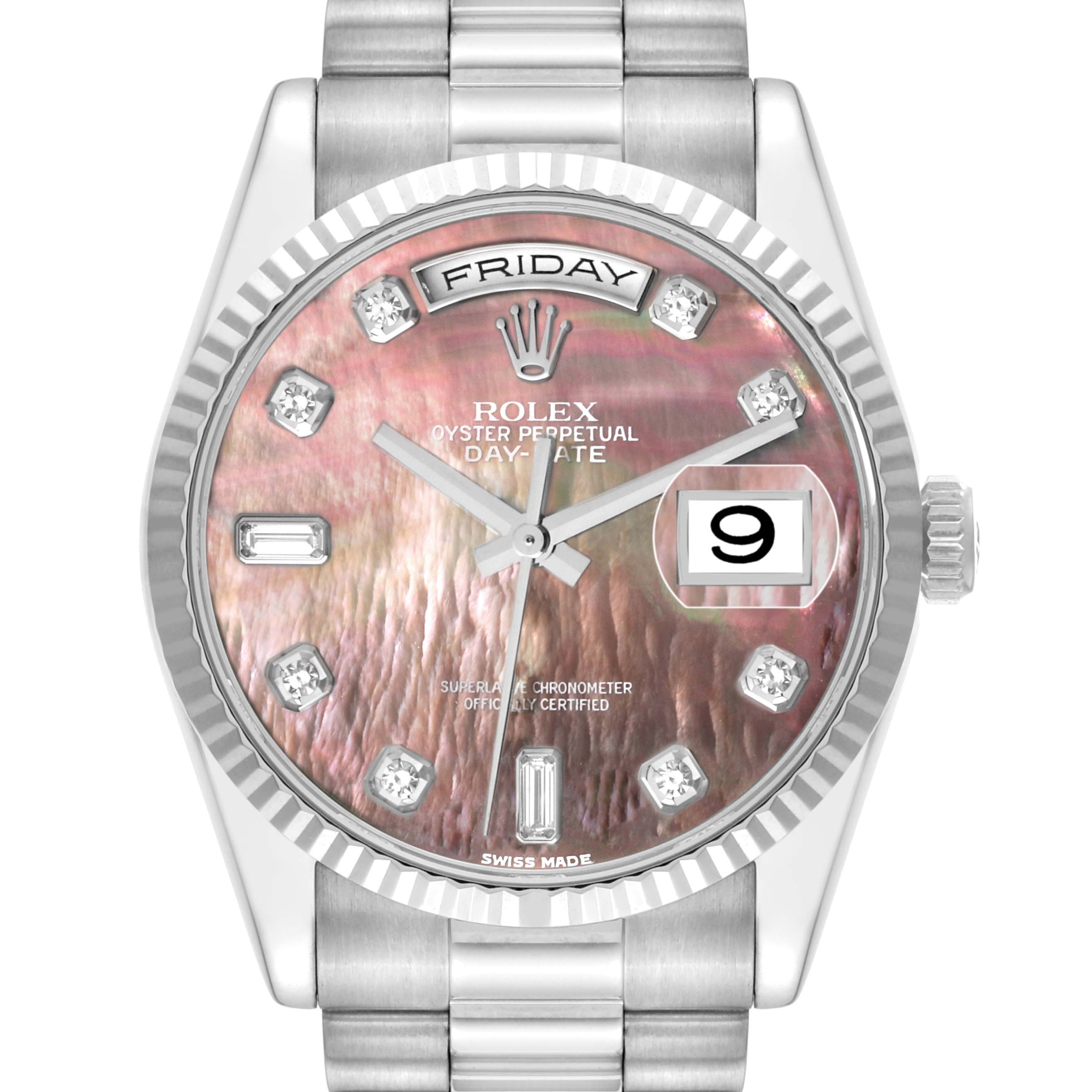 The image shows a frontal view of a Rolex President 118239 Men's White Gold Mother of Pearl Dial 118239 Men's White Gold Mother of Pearl Dial Day-Date watch, displaying the dial, bezel, crown, and part of the bracelet.