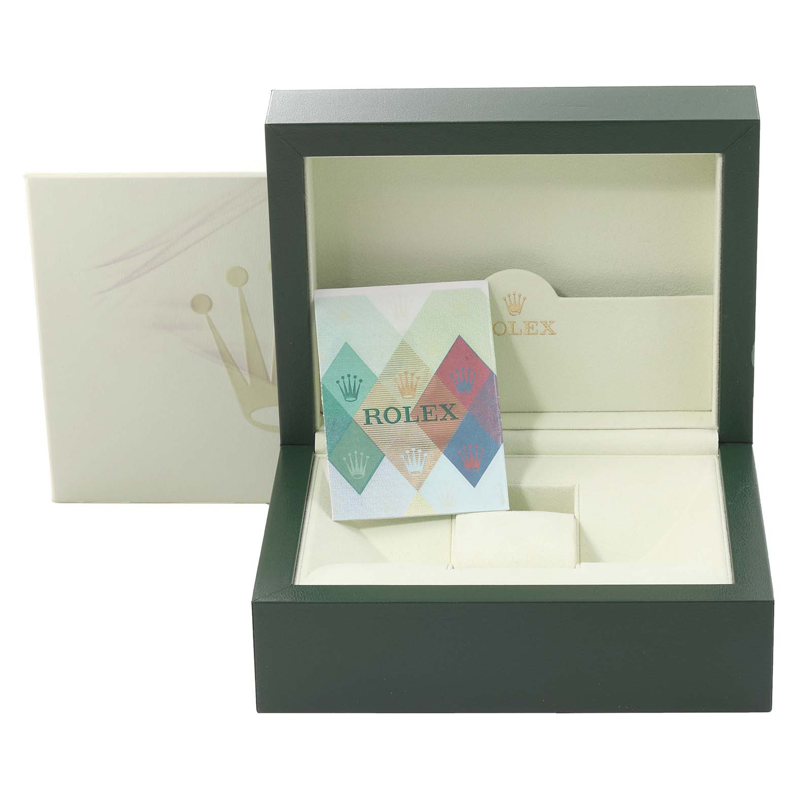 The image shows the open box and booklet of a Rolex President 118239 Men's White Gold Mother of Pearl Dial 118239 Men's White Gold Mother of Pearl Dial model watch, viewed from the front.