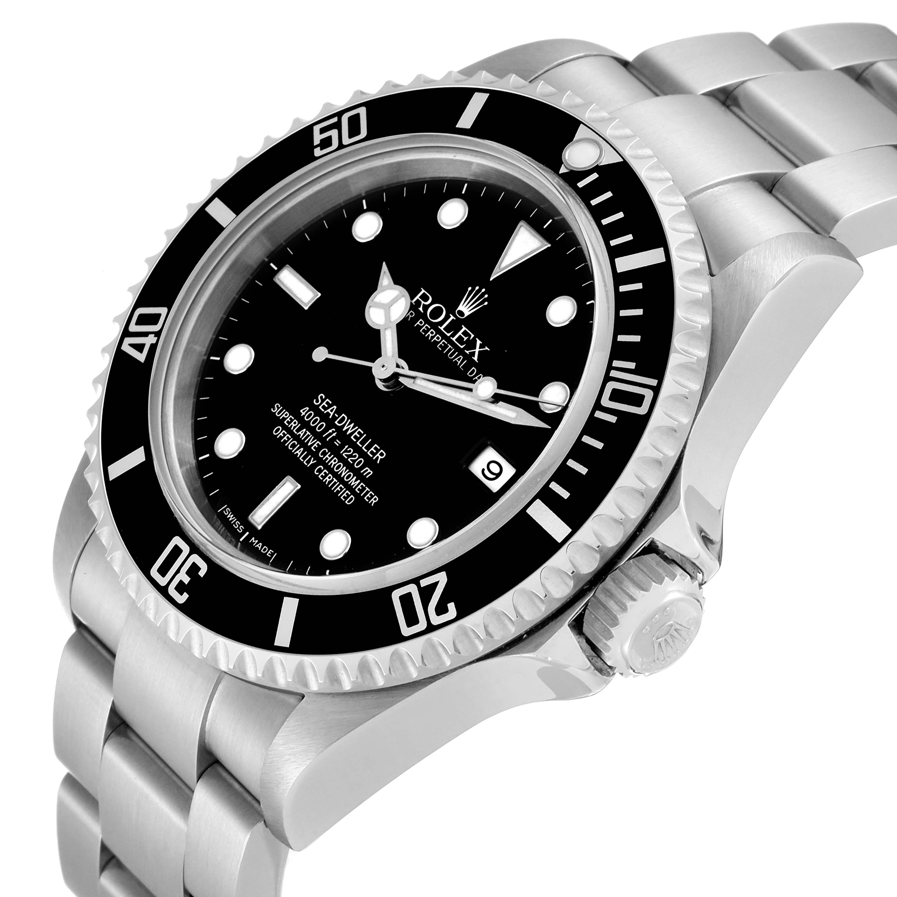 This image shows a Rolex Sea-Dweller 16600 Men
s Stainless Steel Black Dial 16600 Men
s Stainless Steel Black Dial watch at an angled view, highlighting its dial, bezel, crown, and stainless steel bracelet.