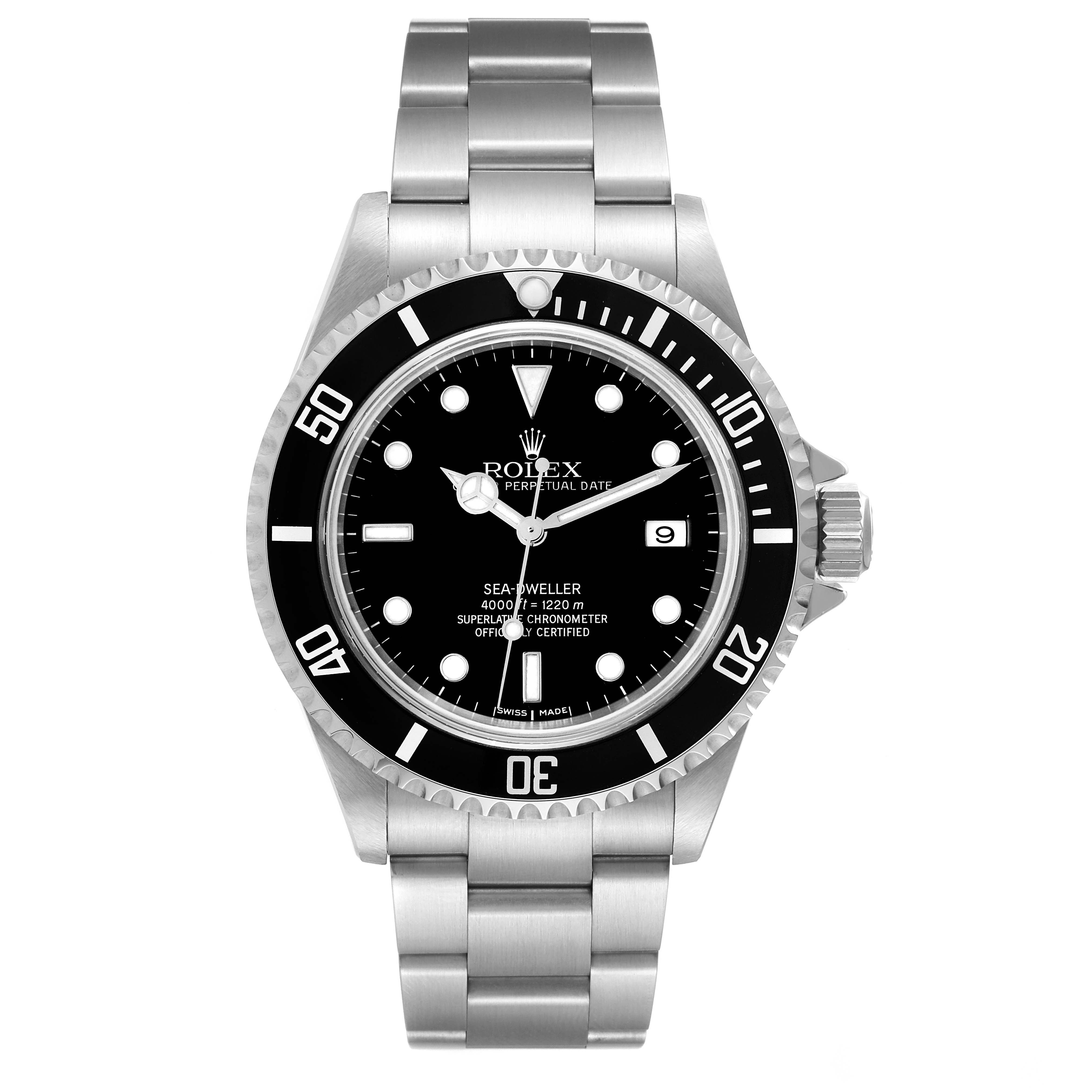 This image shows a front view of the Rolex Sea-Dweller 16600 Men
s Stainless Steel Black Dial 16600 Men
s Stainless Steel Black Dial watch, displaying the dial, bezel, and bracelet.