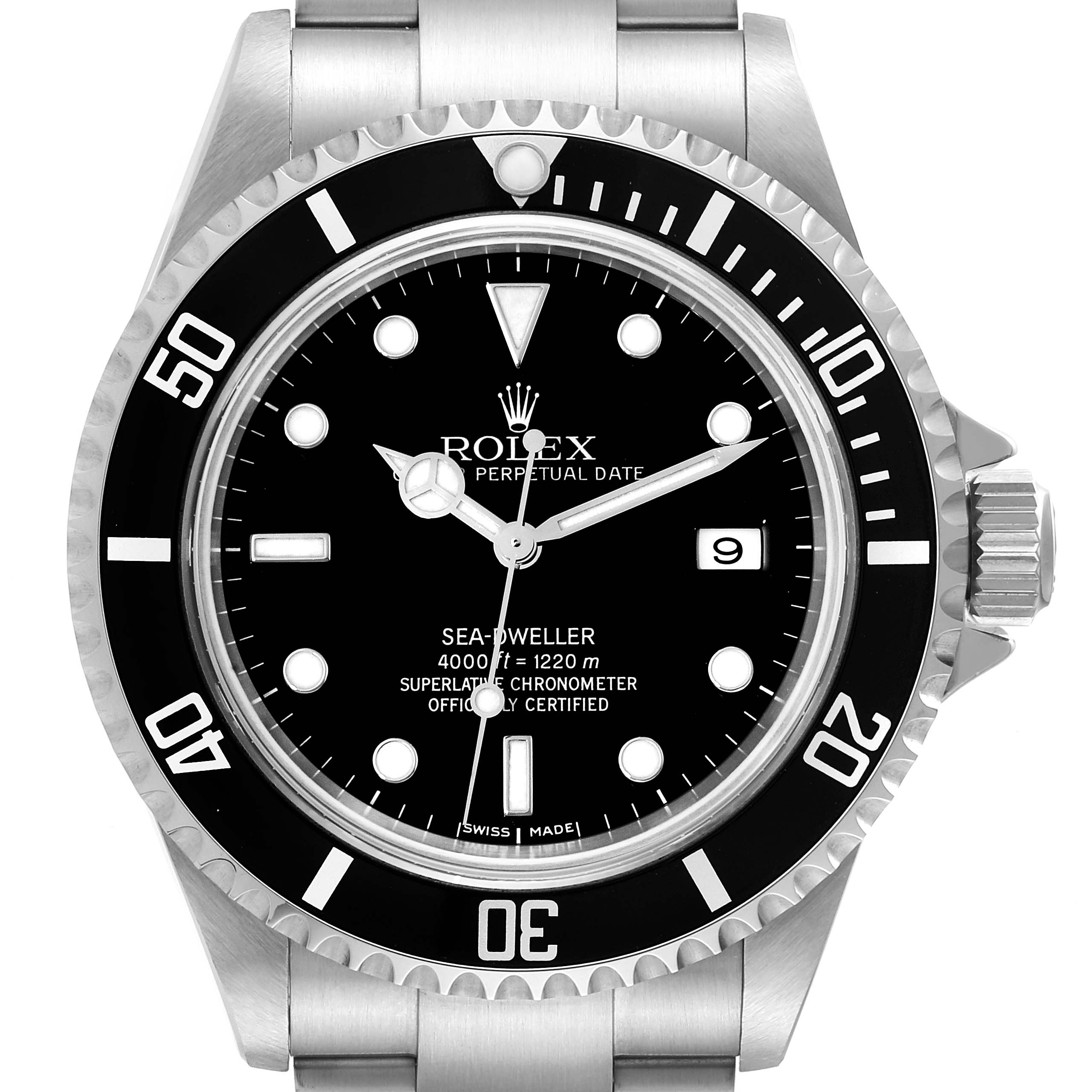 The image shows a front view of a Rolex Sea-Dweller 16600 Men
s Stainless Steel Black Dial 16600 Men
s Stainless Steel Black Dial watch, displaying its face, bezel, crown, and part of the bracelet.