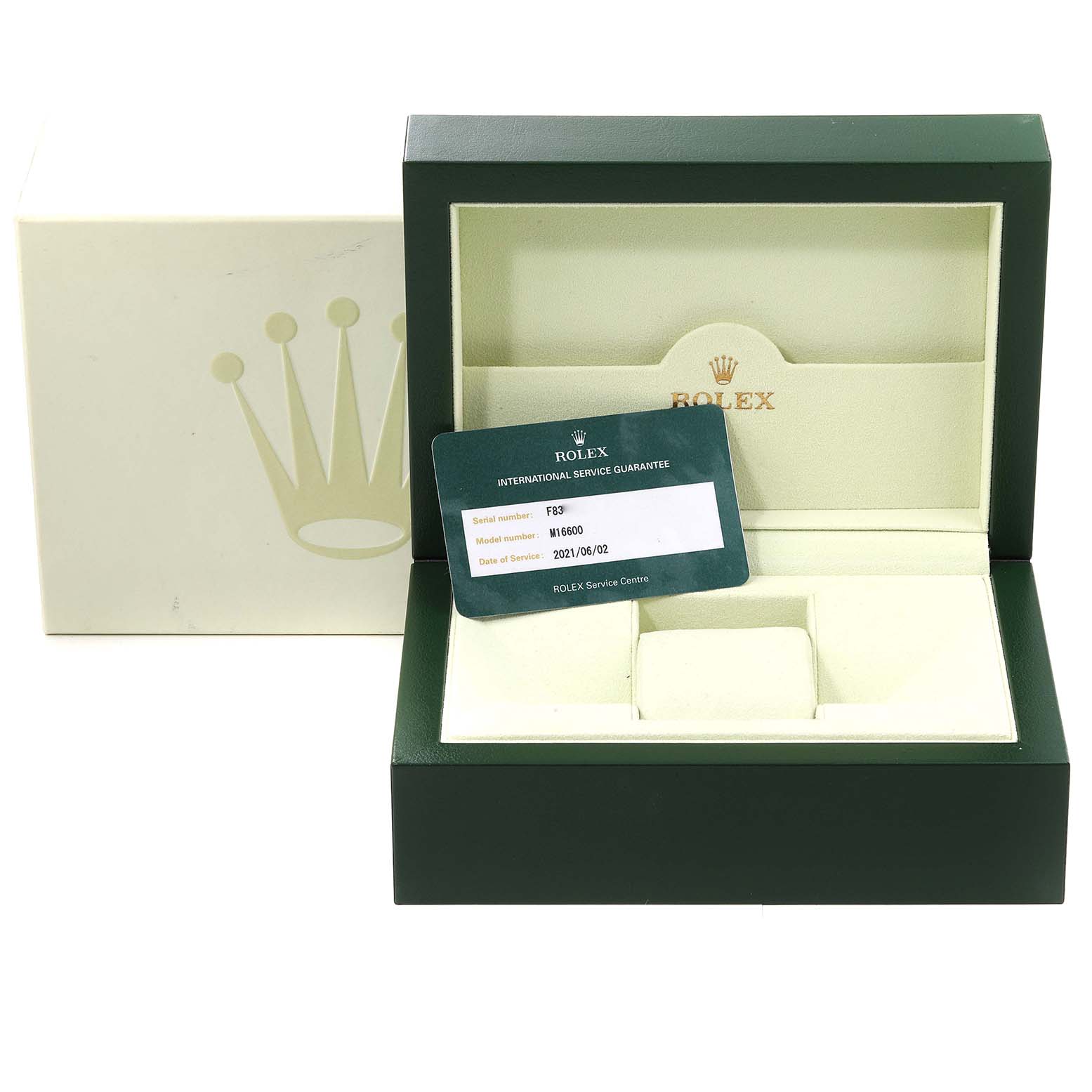 The image shows a Rolex Sea-Dweller 16600 Men
s Stainless Steel Black Dial 16600 Men
s Stainless Steel Black Dial watch box and international service guarantee card.