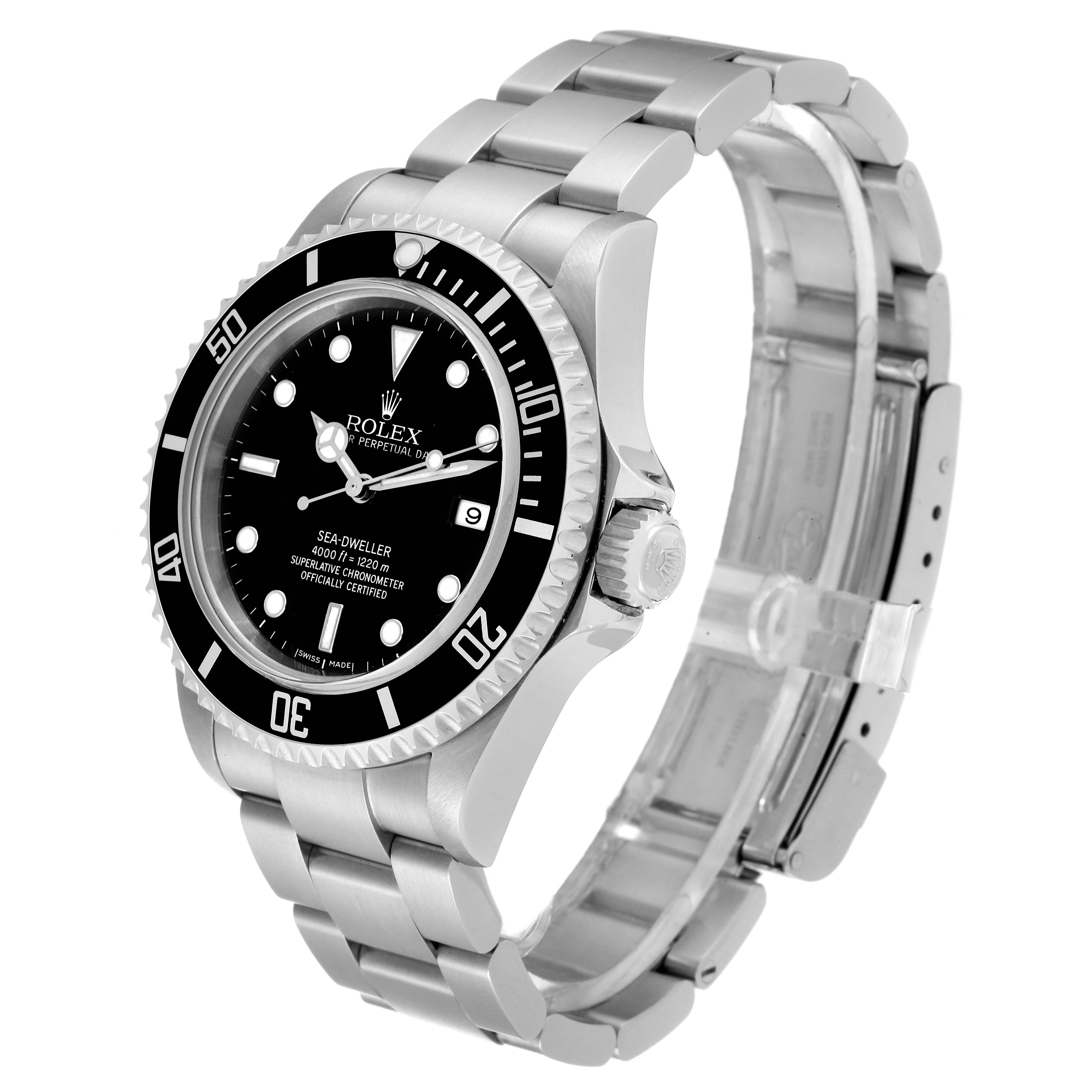 The image shows a Rolex Sea-Dweller 16600 Men
s Stainless Steel Black Dial 16600 Men
s Stainless Steel Black Dial watch angled to display the face, bezel, crown, and stainless steel bracelet.
