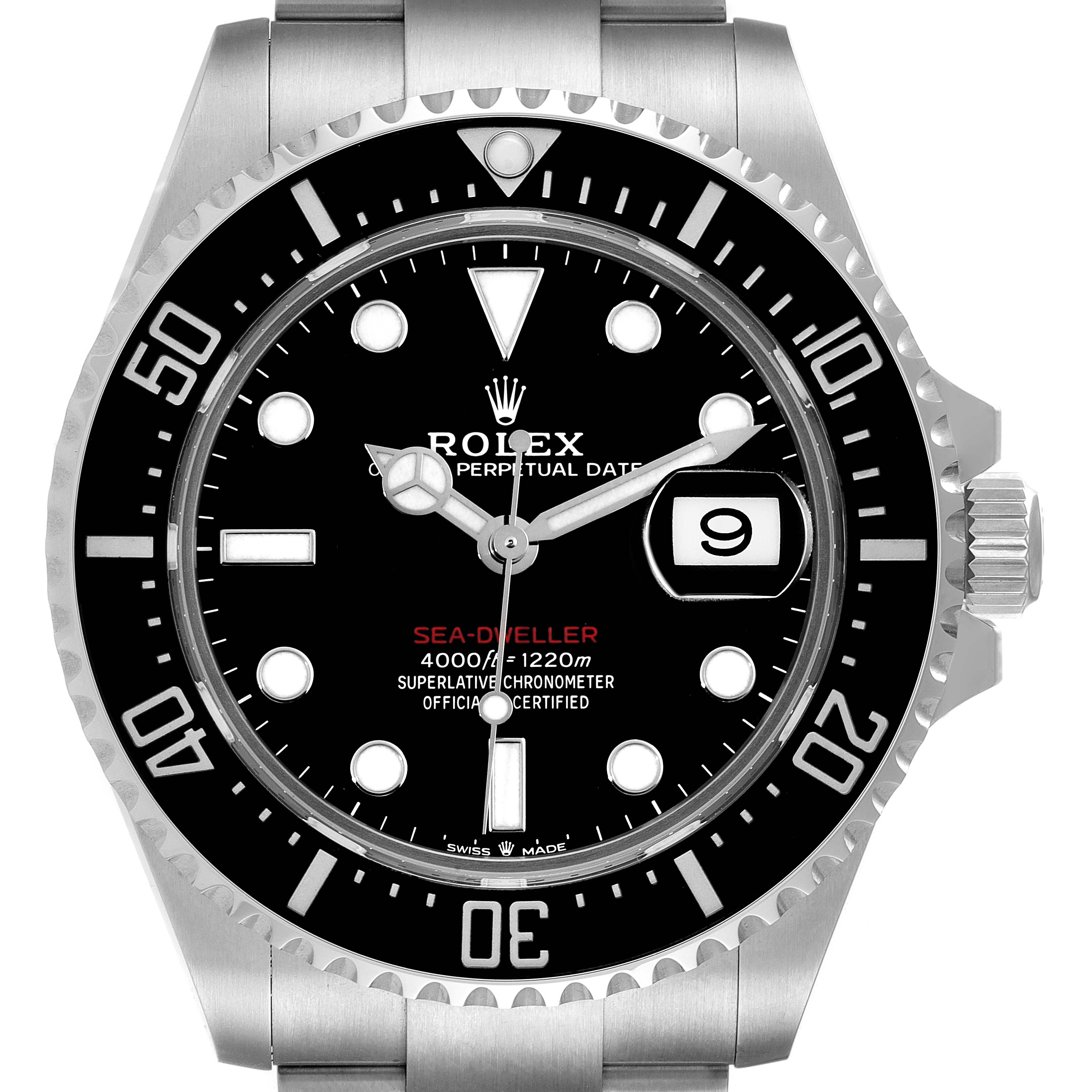 The image shows a front view of the Rolex Sea-Dweller 126600 Men
s Stainless Steel Black Dial 126600 Men
s Stainless Steel Black Dial watch, highlighting its black dial, date window, and unidirectional bezel.