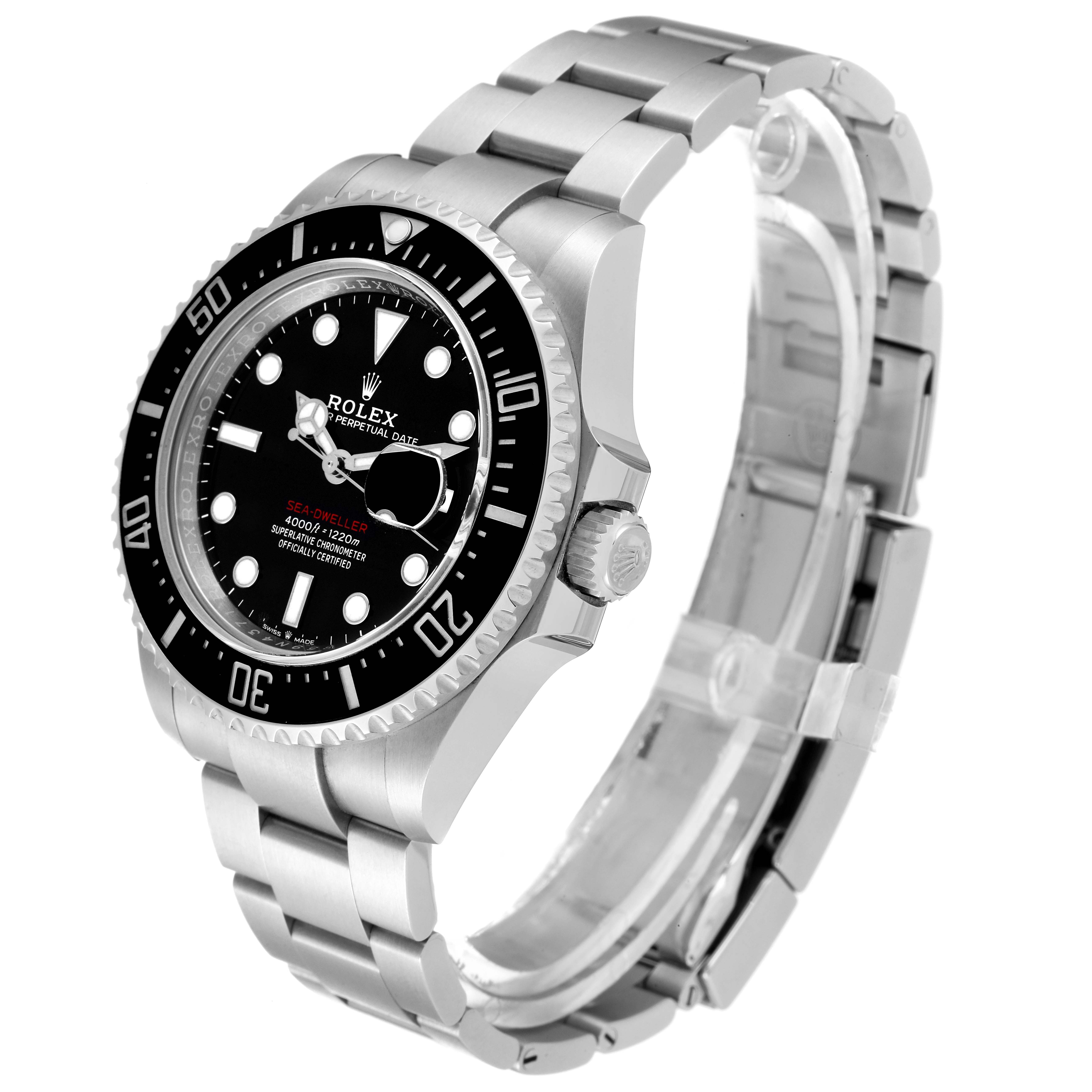 The image shows a Rolex Sea-Dweller 126600 Men
s Stainless Steel Black Dial 126600 Men
s Stainless Steel Black Dial watch at a three-quarter angle, highlighting its face, bezel, and bracelet.