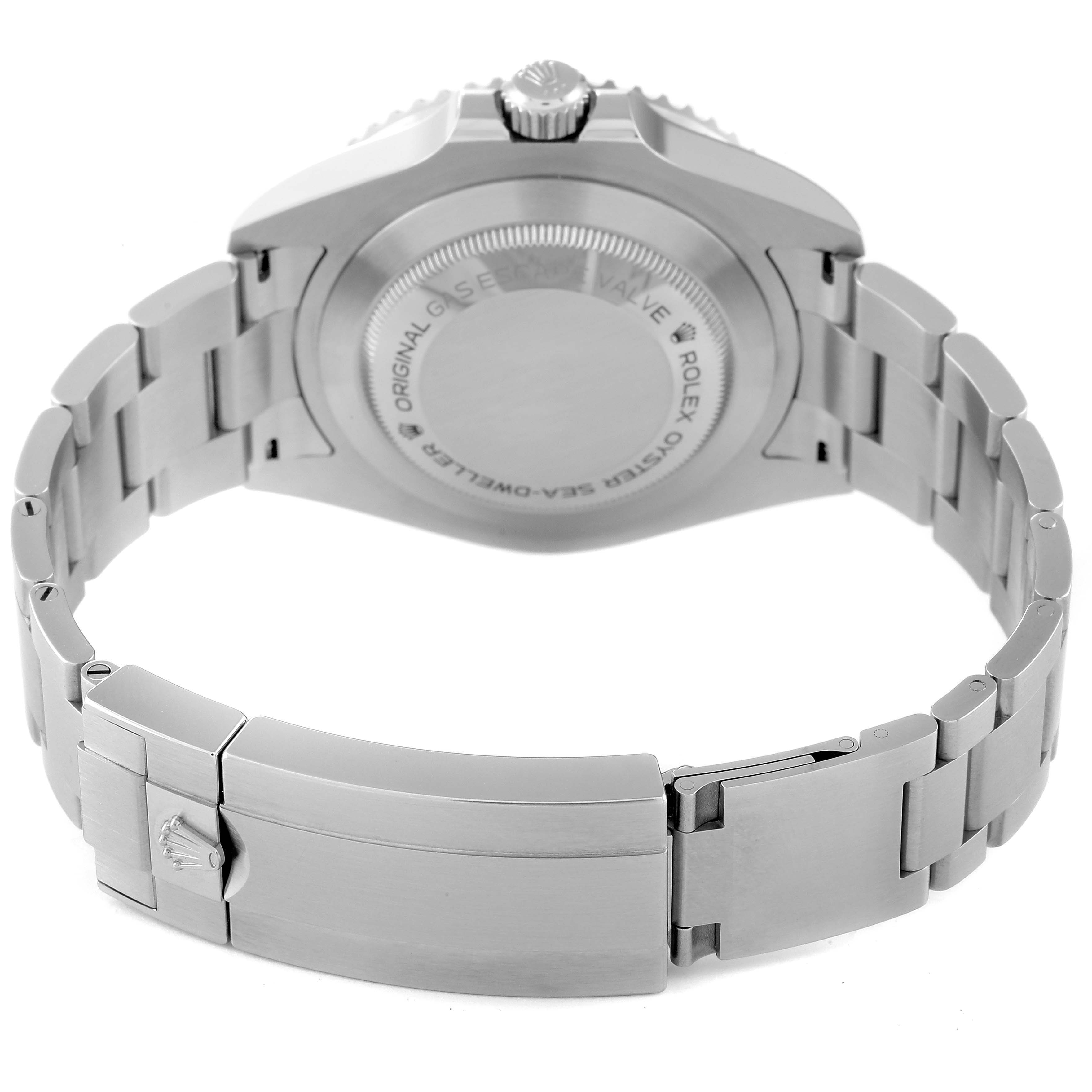 This image shows the back view of the Rolex Sea-Dweller 126600 Men
s Stainless Steel Black Dial 126600 Men
s Stainless Steel Black Dial watch, highlighting the case back and stainless steel bracelet.