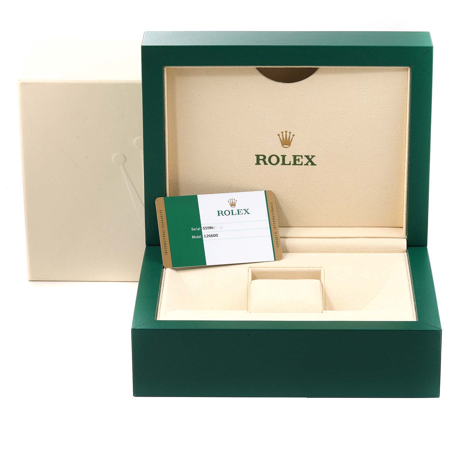 This image shows the open box and guarantee card for the Rolex Sea-Dweller 126600 Men
s Stainless Steel Black Dial 126600 Men
s Stainless Steel Black Dial model, emphasizing the packaging and accessories.