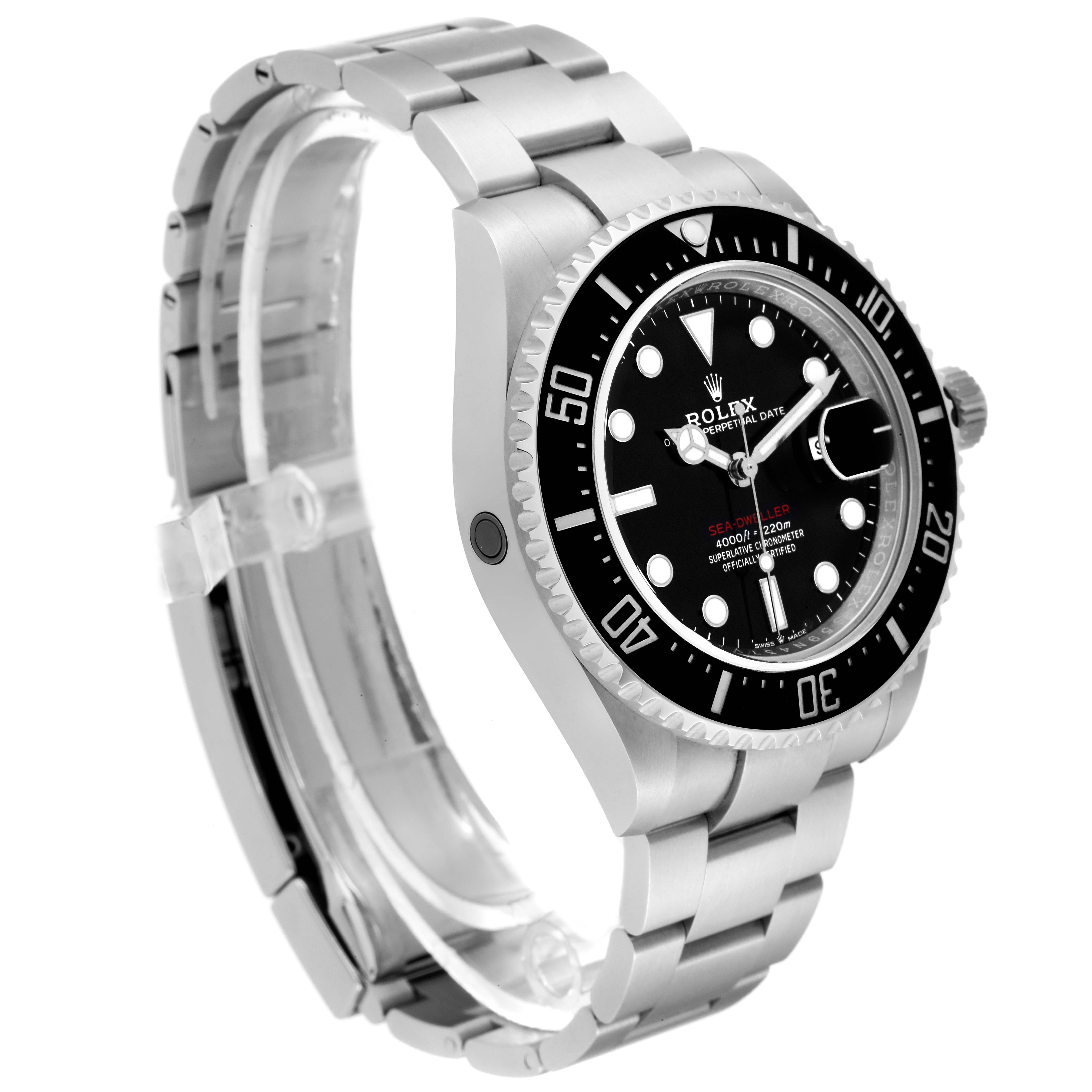The image shows a Rolex Sea-Dweller 126600 Men
s Stainless Steel Black Dial 126600 Men
s Stainless Steel Black Dial watch angled from the front-left, highlighting the face, bezel, crown, and bracelet.
