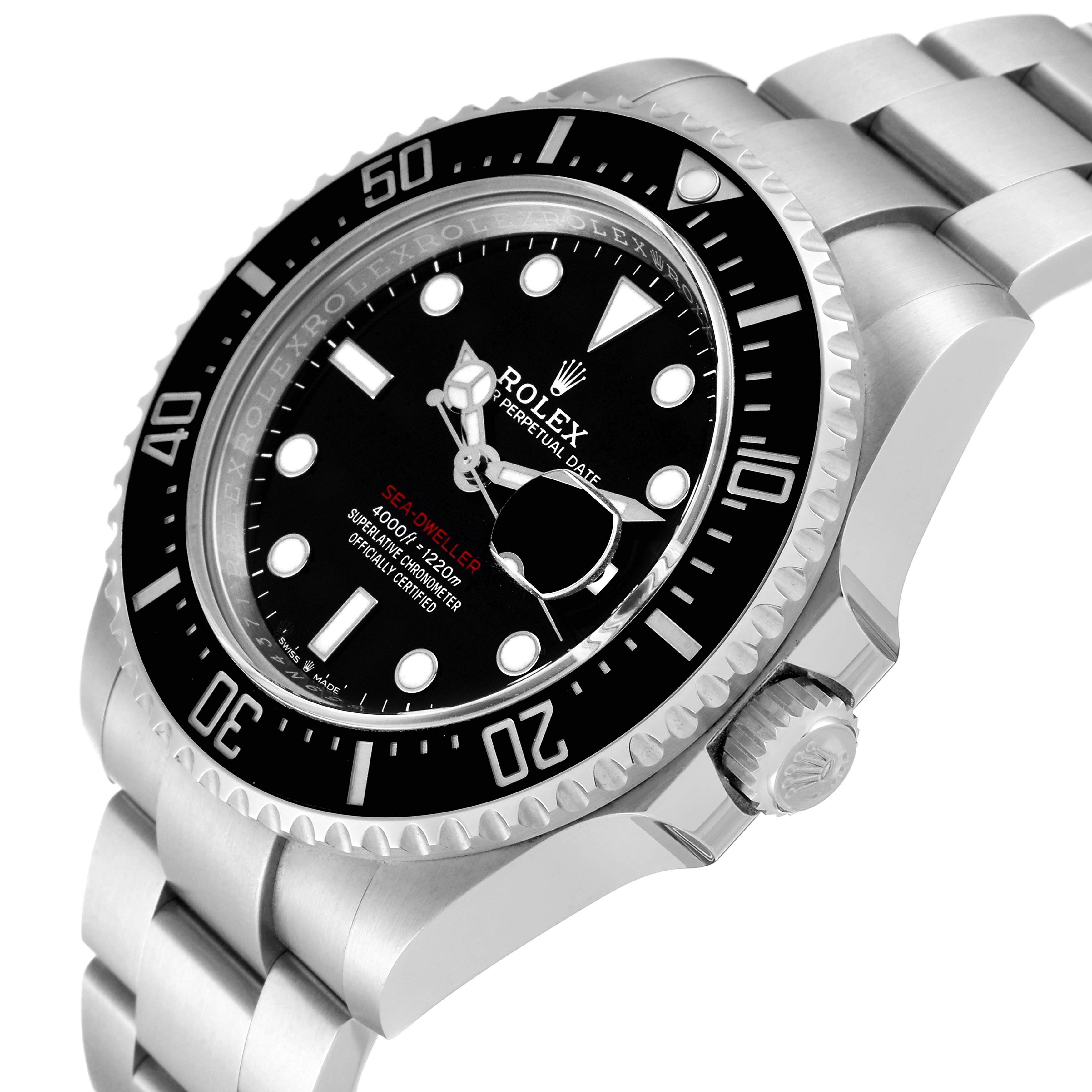 The image shows a close-up view of the Rolex Sea-Dweller 126600 Men
s Stainless Steel Black Dial 126600 Men
s Stainless Steel Black Dial watch, highlighting the face, bezel, crown, and part of the bracelet.