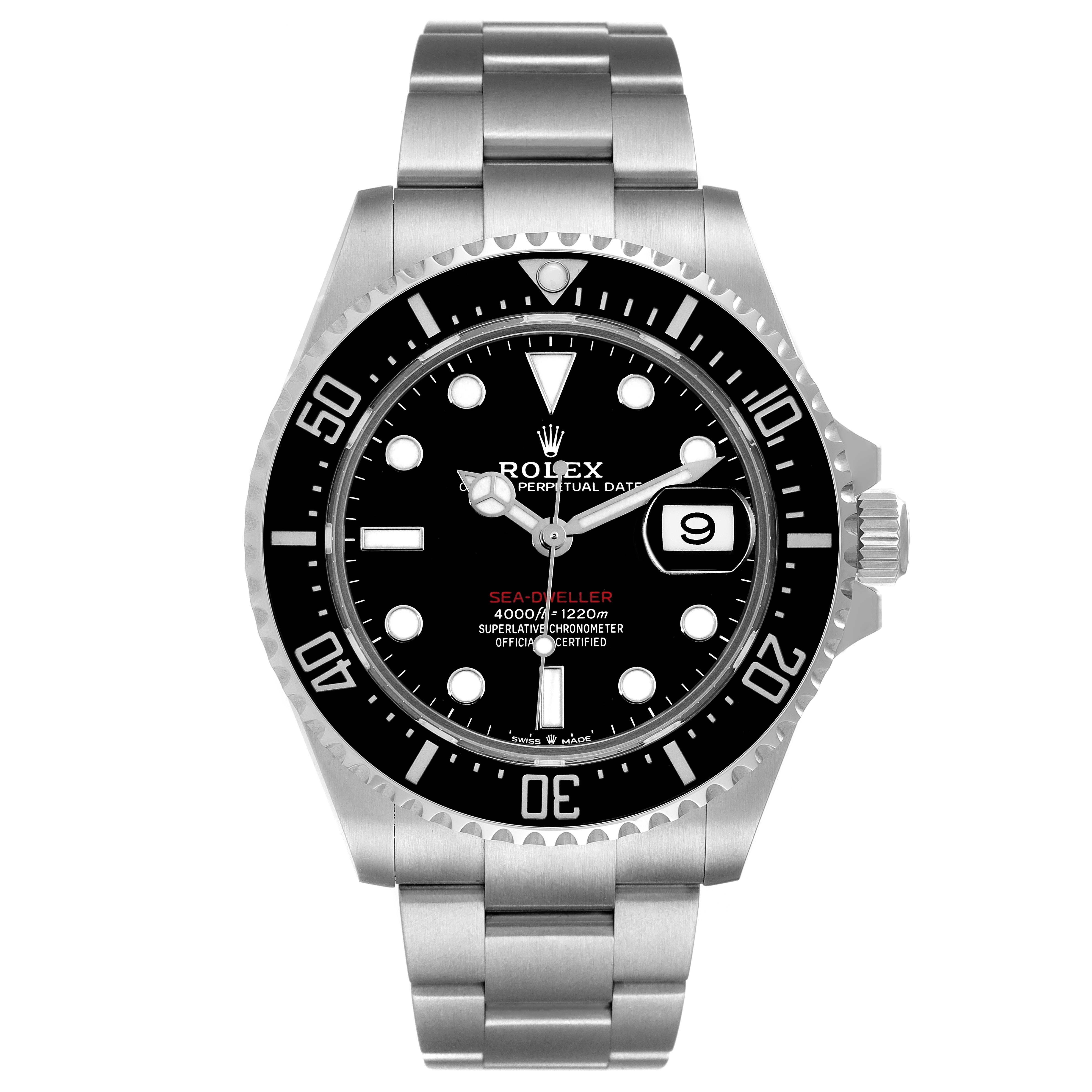 The image shows a front view of the Rolex Sea-Dweller 126600 Men
s Stainless Steel Black Dial 126600 Men
s Stainless Steel Black Dial, displaying its bezel, dial, hands, date, and bracelet.