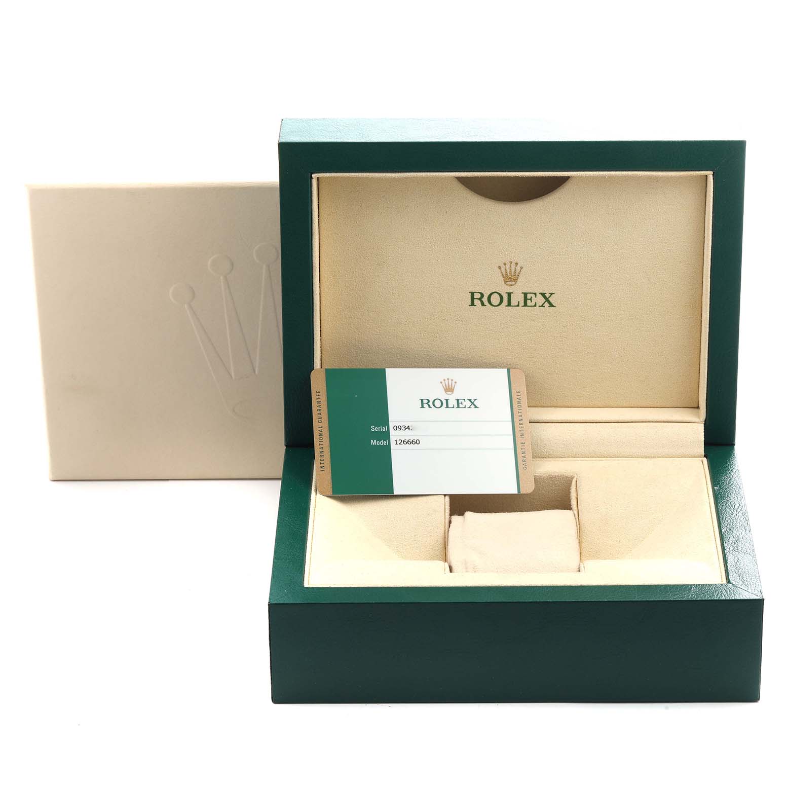 The image shows a Rolex Sea-Dweller 126660 Men's Stainless Steel Blue Dial 126660 Men's Stainless Steel Blue Dial box and warranty card with no watch visible, viewed from the front.