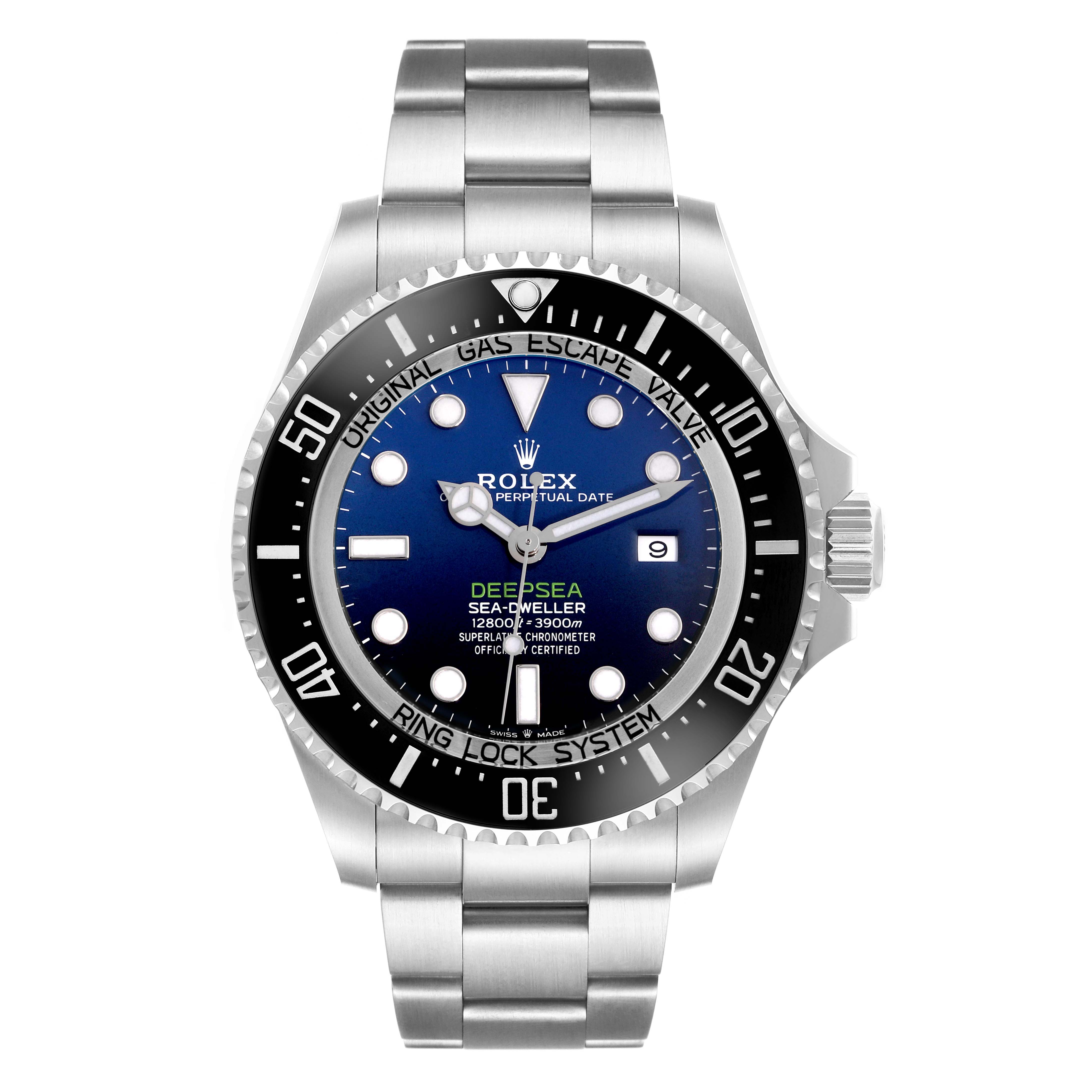 The Rolex Sea-Dweller 126660 Men's Stainless Steel Blue Dial 126660 Men's Stainless Steel Blue Dial watch is shown from the front, displaying its face, bezel, and bracelet clearly.