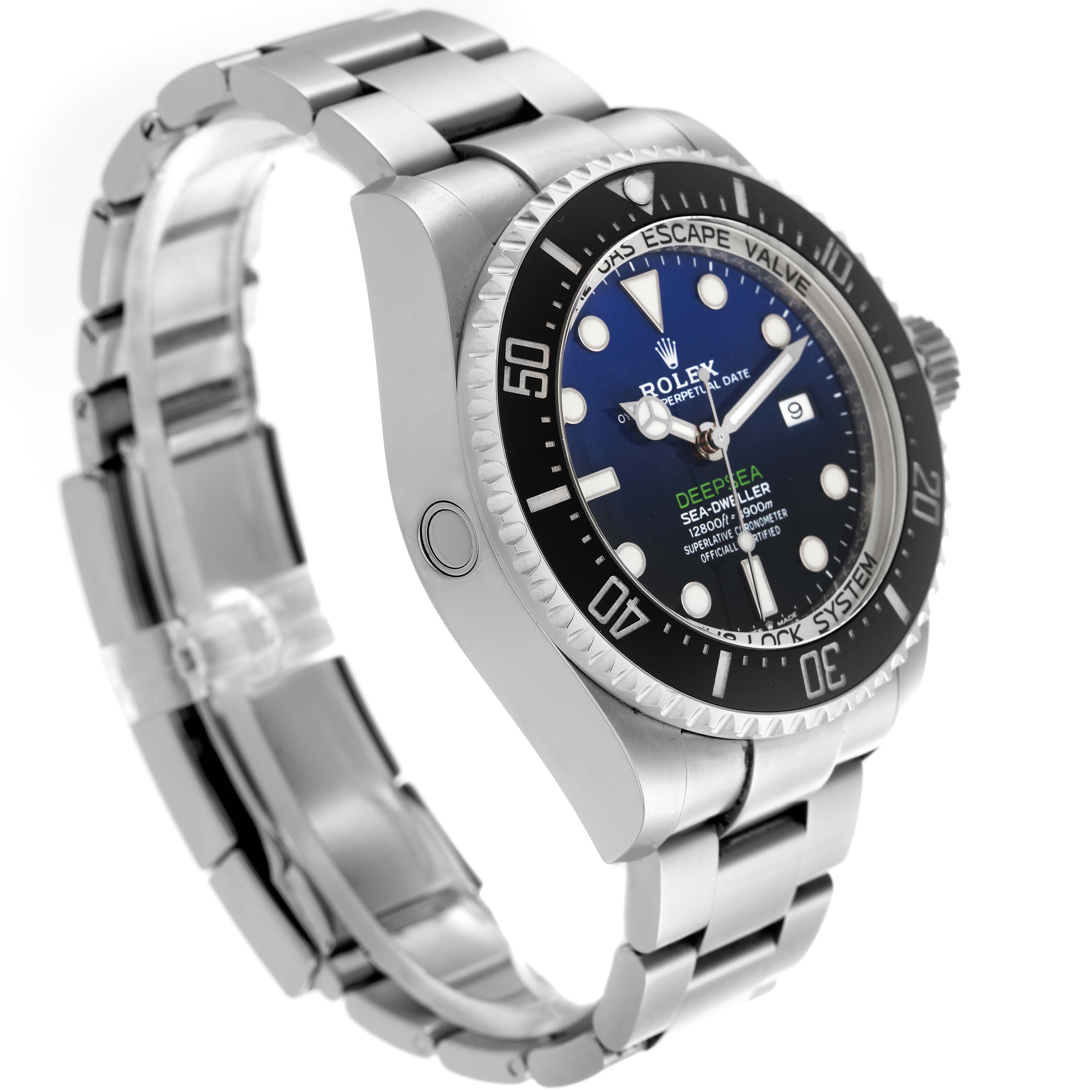 The Rolex Sea-Dweller 126660 Men's Stainless Steel Blue Dial 126660 Men's Stainless Steel Blue Dial watch is shown at a slight angle, highlighting the dial, bezel, side case, and bracelet.