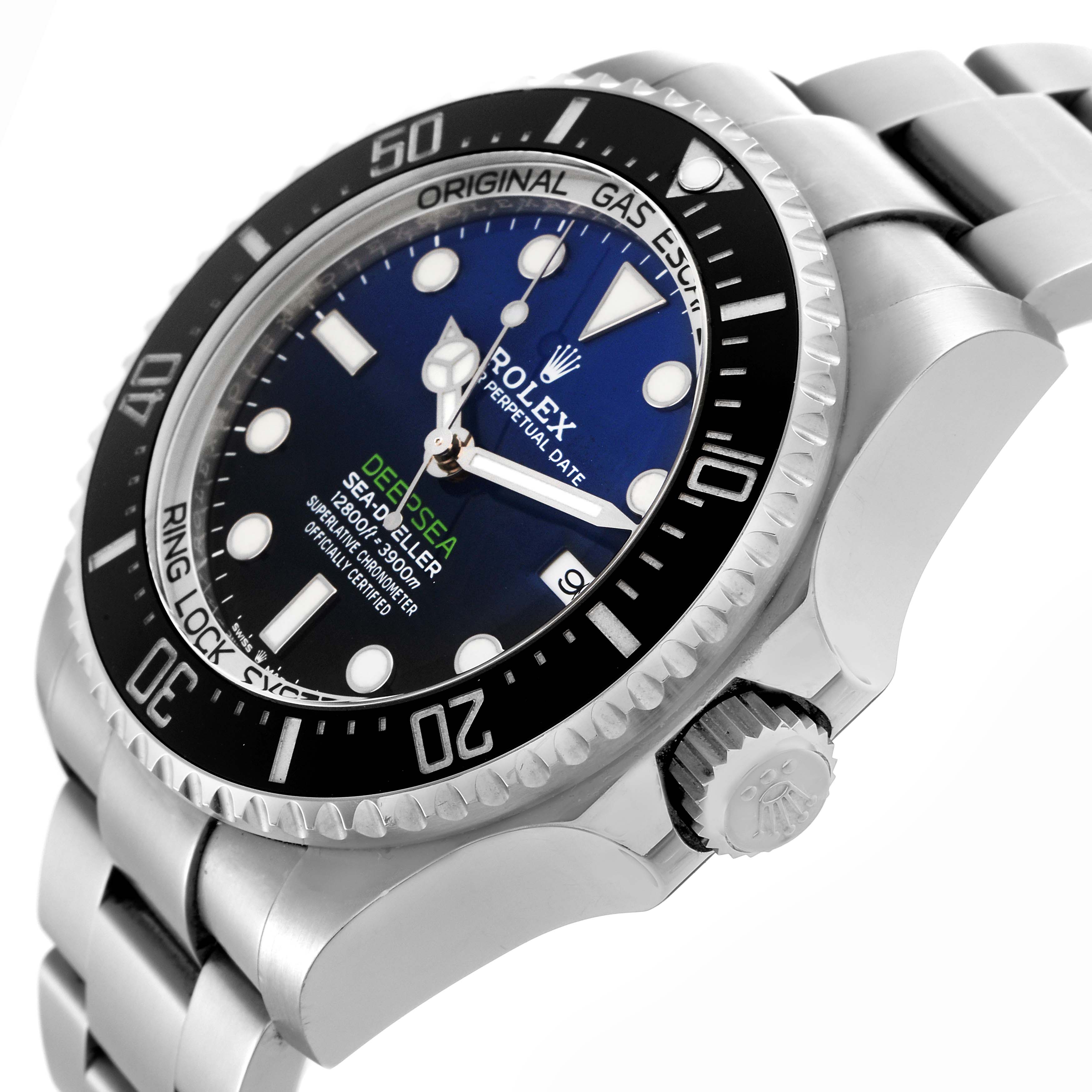 The Rolex Sea-Dweller 126660 Men's Stainless Steel Blue Dial 126660 Men's Stainless Steel Blue Dial watch is shown at an angle highlighting the dial, bezel, crown, and part of the bracelet.