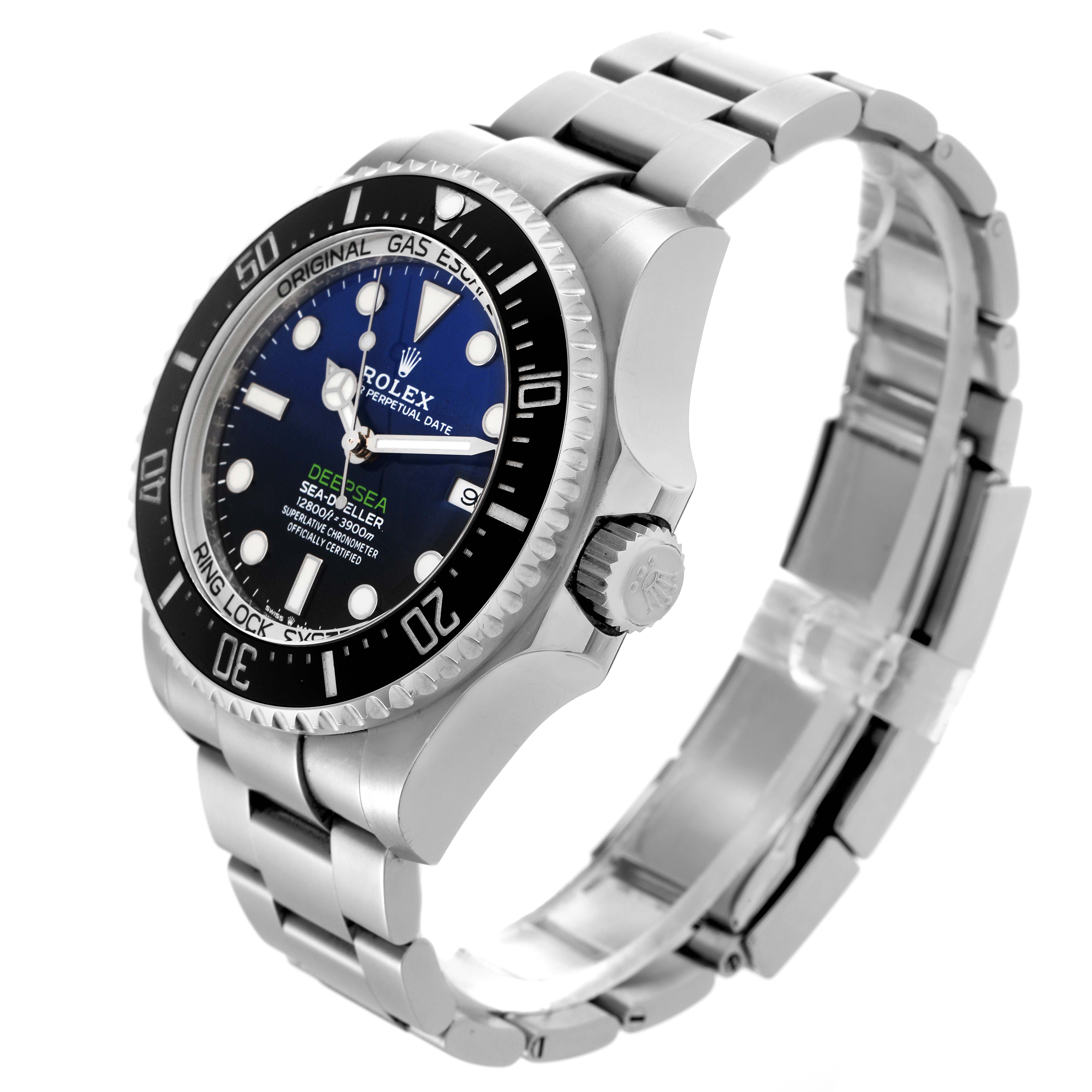 The Rolex Sea-Dweller 126660 Men's Stainless Steel Blue Dial 126660 Men's Stainless Steel Blue Dial watch is shown at an angled front view, highlighting the bezel, dial, crown, and bracelet.
