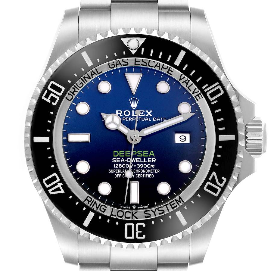 The Rolex Sea-Dweller watch is shown from the front, featuring the dial, bezel, and part of the bracelet.
