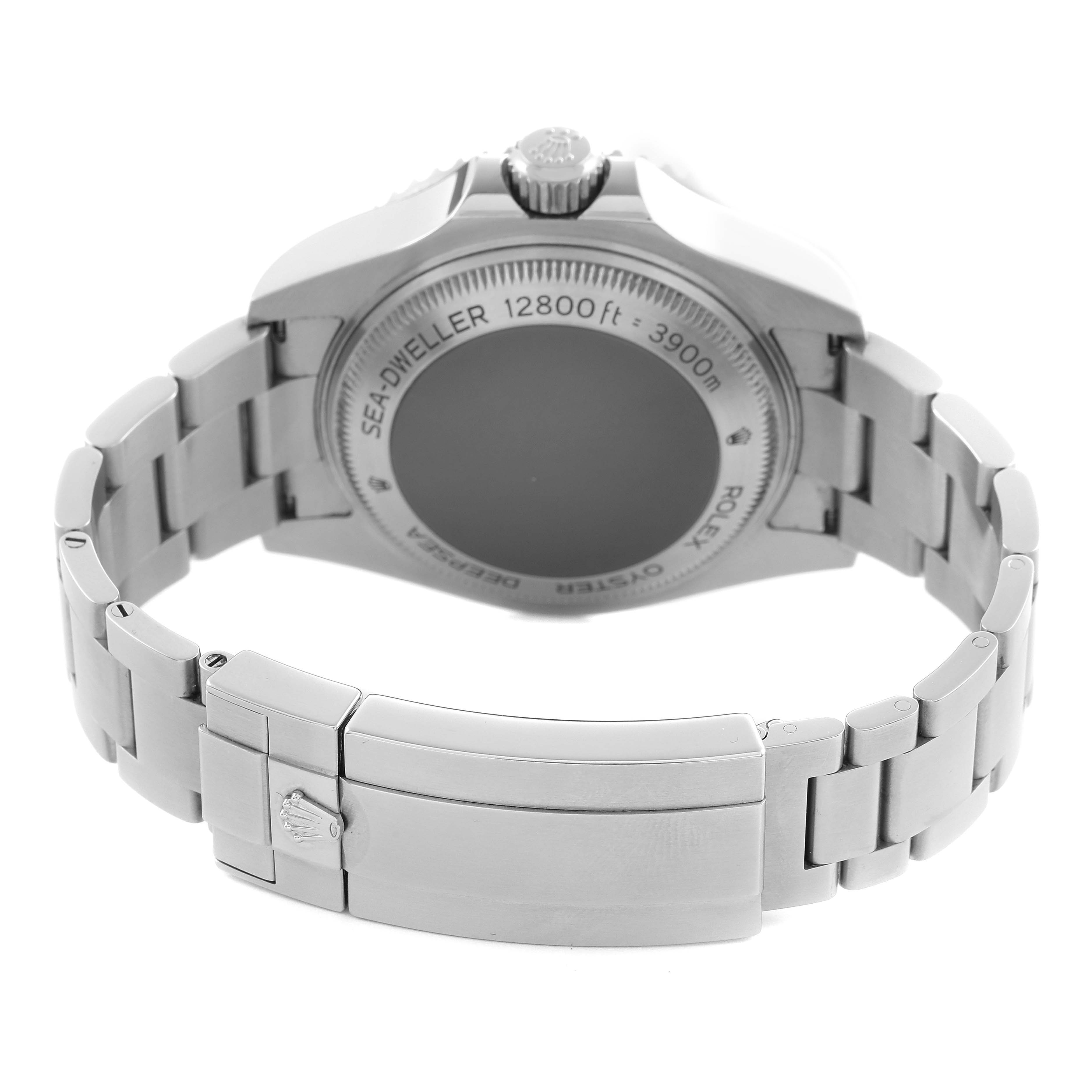 The image shows the backside and bracelet of a Rolex Sea-Dweller 126660 Men's Stainless Steel Blue Dial 126660 Men's Stainless Steel Blue Dial, highlighting the case back and clasp.