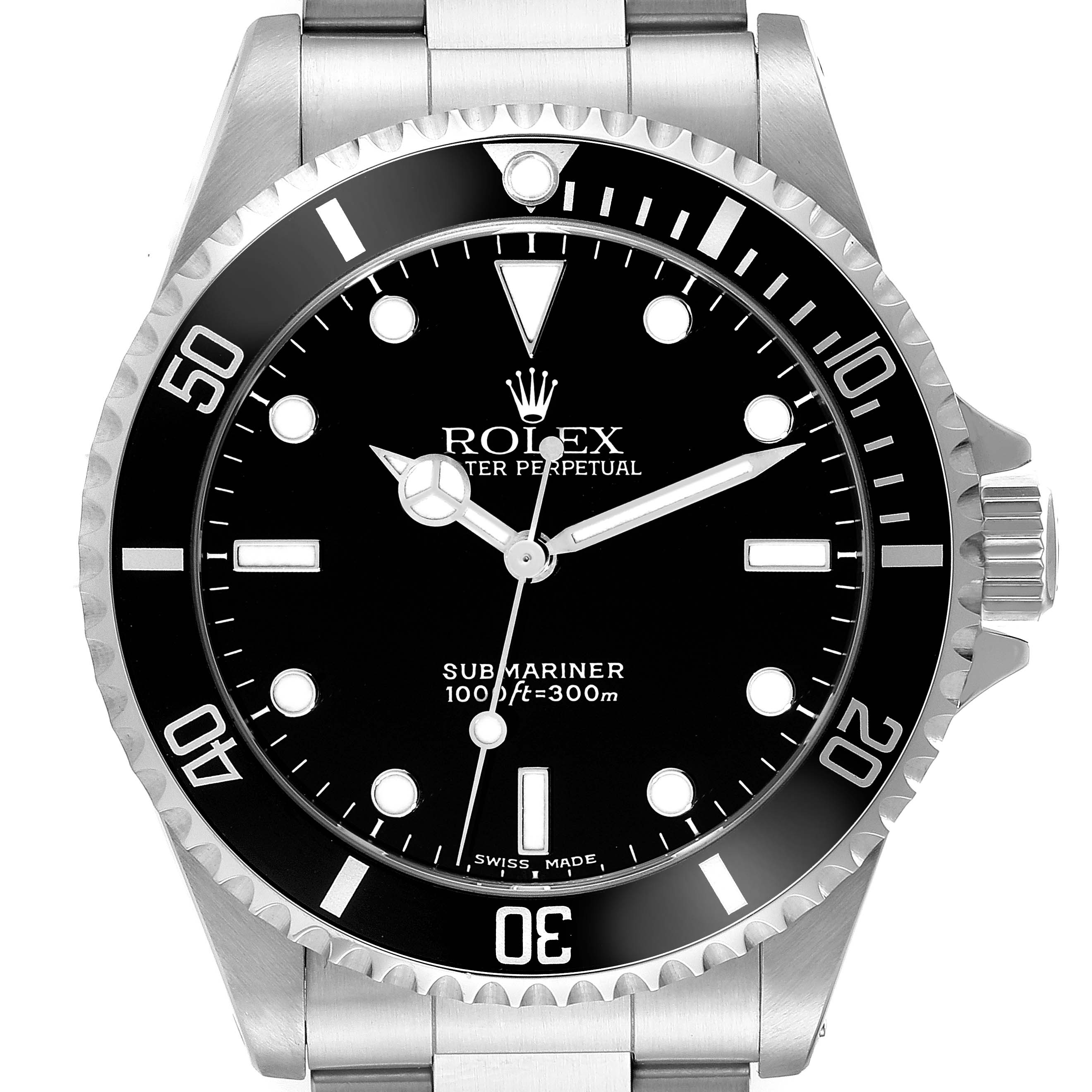 The image shows a front view of a Rolex Submariner 14060 Men's Stainless Steel Black Dial 14060 Men's Stainless Steel Black Dial watch, highlighting the bezel, dial, crown, and part of the bracelet.