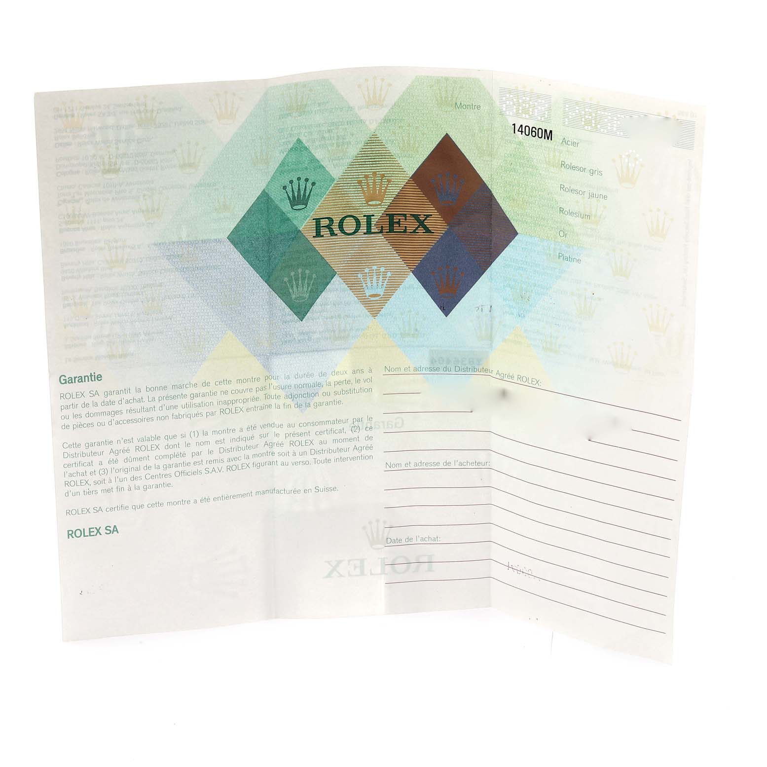 This image shows the guarantee card for a Rolex Submariner 14060 Men's Stainless Steel Black Dial 14060 Men's Stainless Steel Black Dial watch, including the model information and brand details.