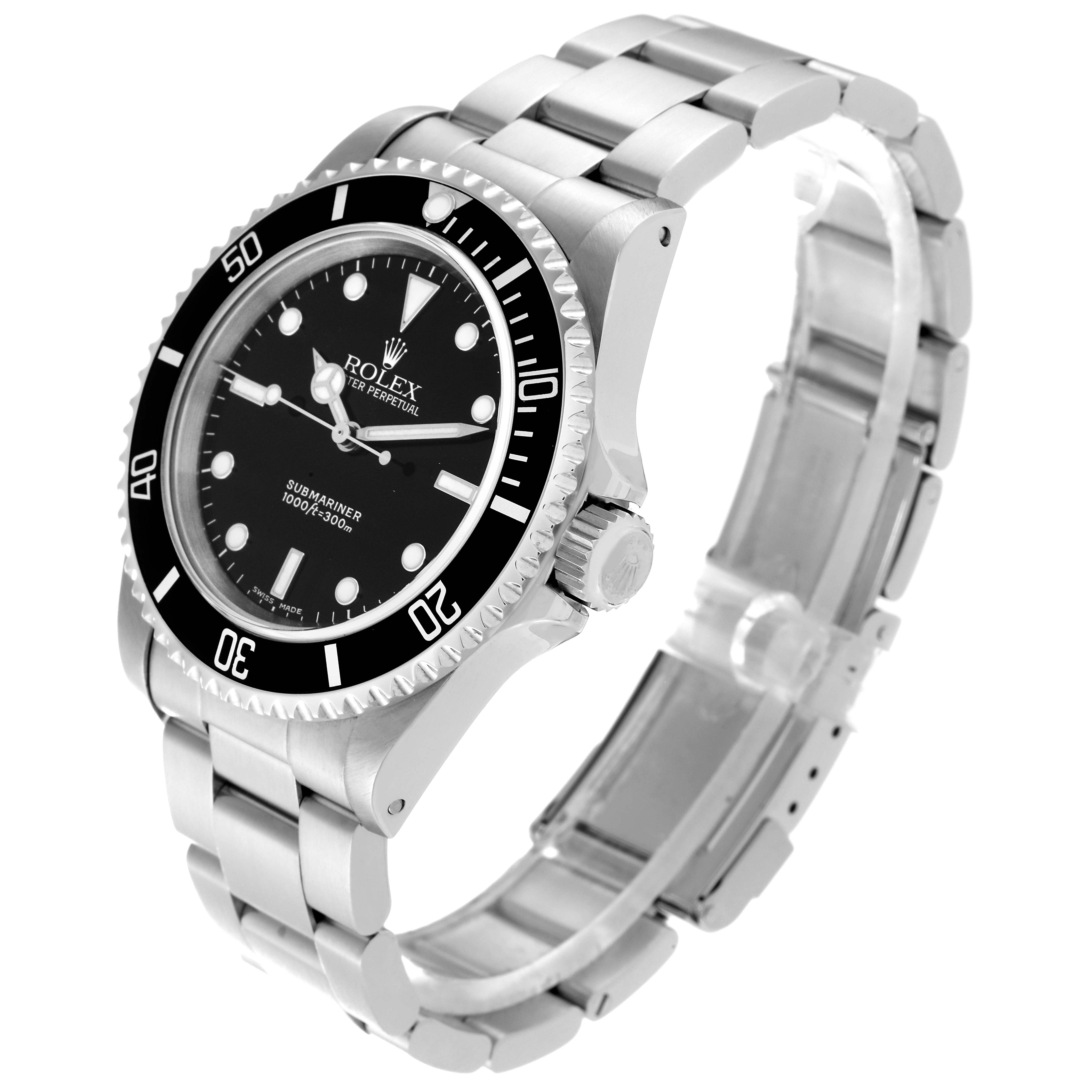 This image shows a Rolex Submariner 14060 Men's Stainless Steel Black Dial 14060 Men's Stainless Steel Black Dial model watch from a three-quarter angle, displaying the dial, bezel, and part of the bracelet.