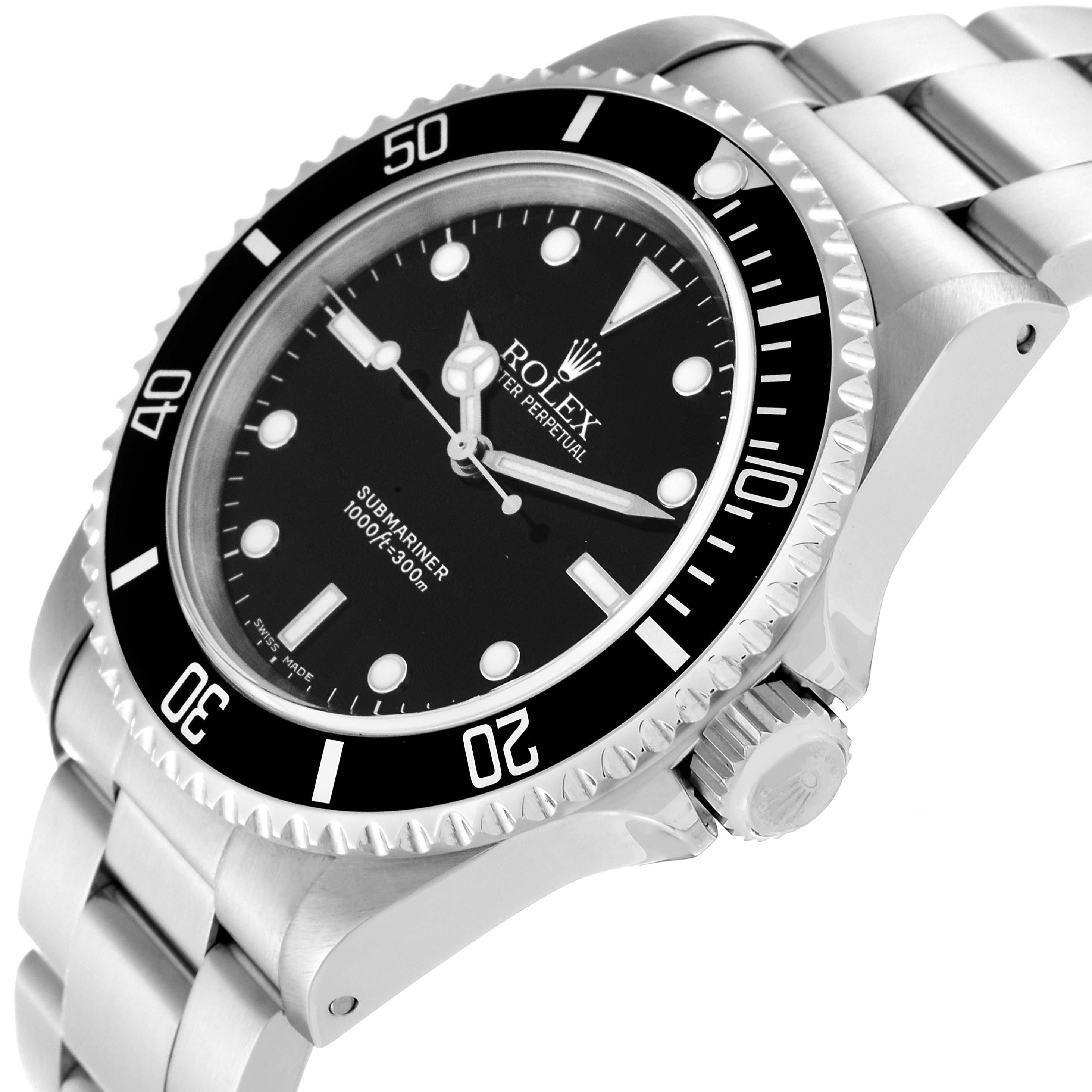 This image shows a close-up angle of the Rolex Submariner 14060 Men's Stainless Steel Black Dial 14060 Men's Stainless Steel Black Dial, highlighting the dial, bezel, crown, and bracelet.