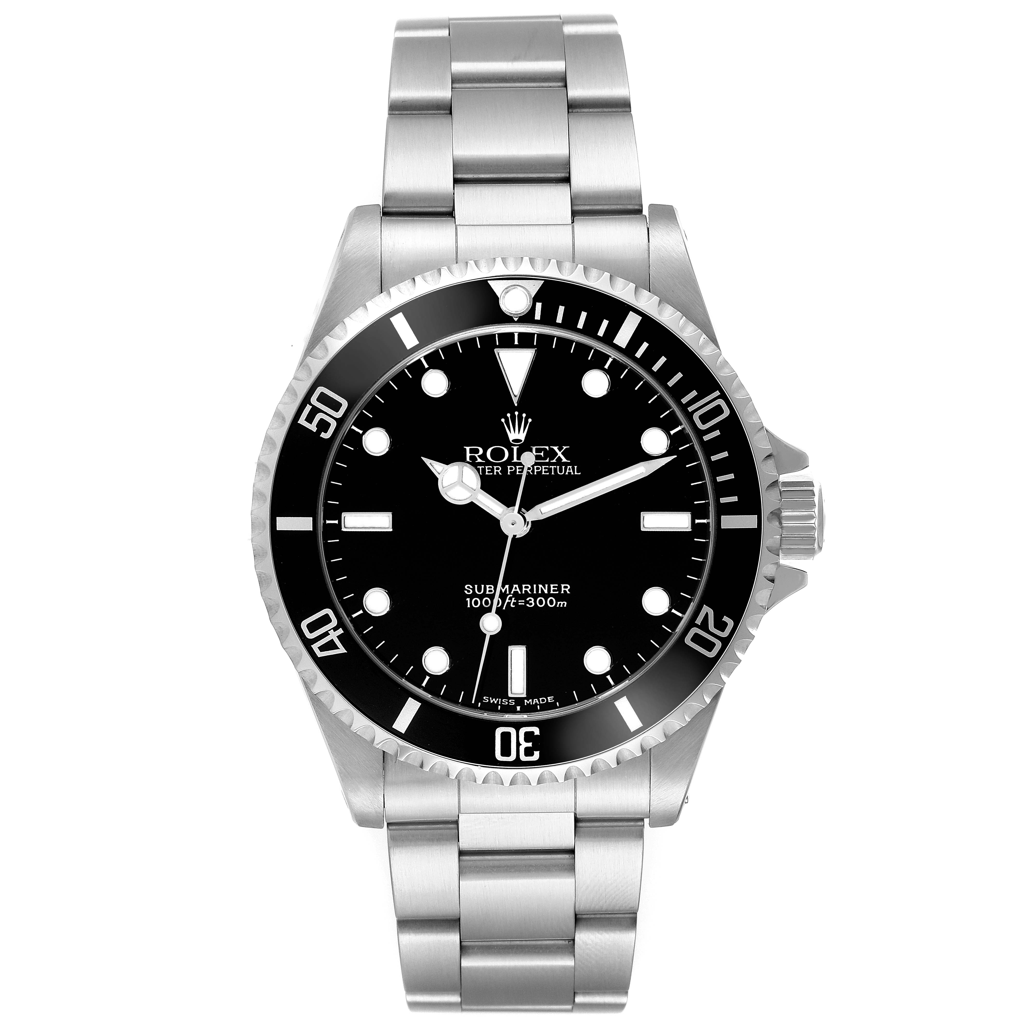 The watch, a Rolex Submariner 14060 Men's Stainless Steel Black Dial 14060 Men's Stainless Steel Black Dial model, is shown from a frontal angle displaying its dial, bezel, and bracelet.