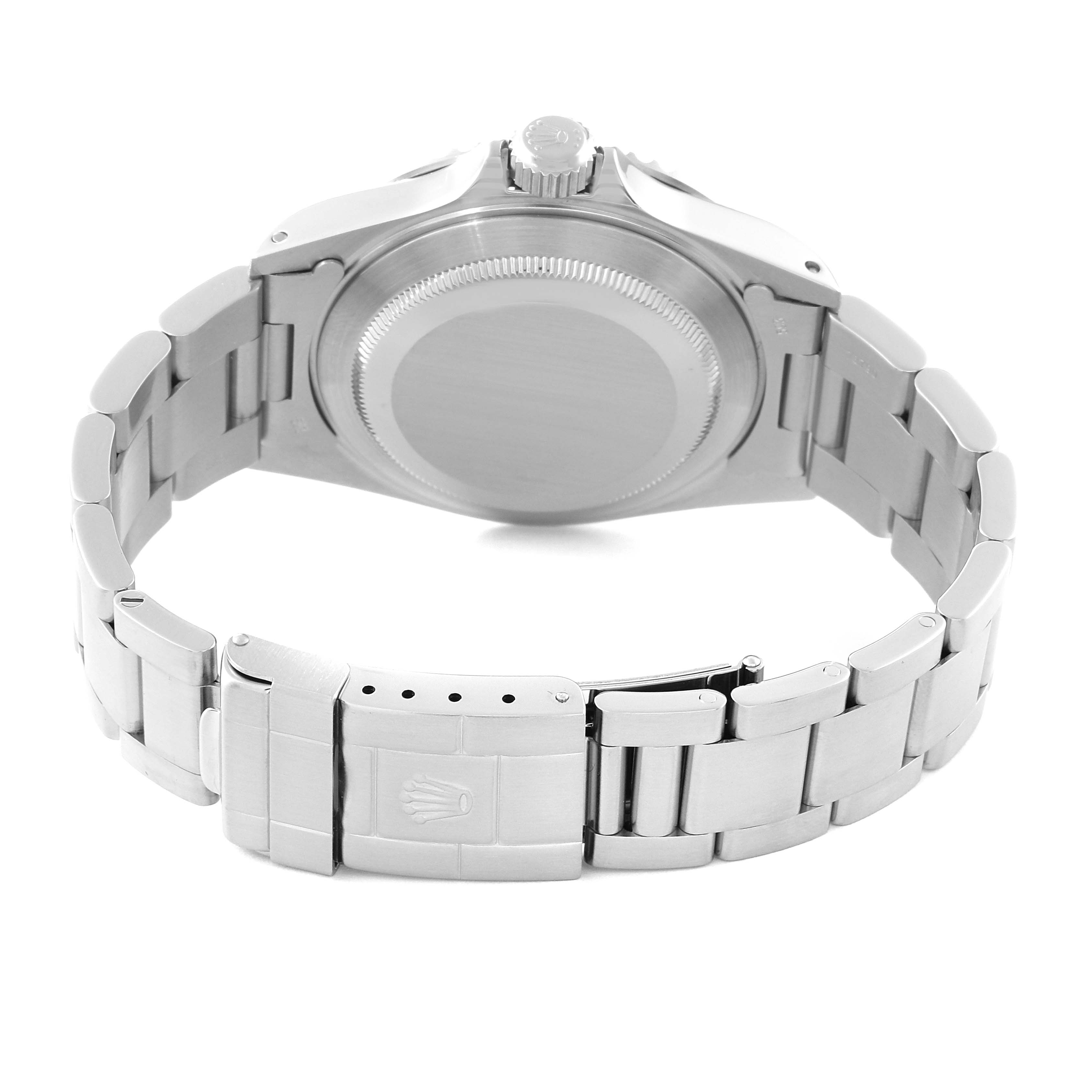 The image shows the back view of a Rolex Submariner 14060 Men's Stainless Steel Black Dial 14060 Men's Stainless Steel Black Dial watch, highlighting the case back and the bracelet with the clasp.