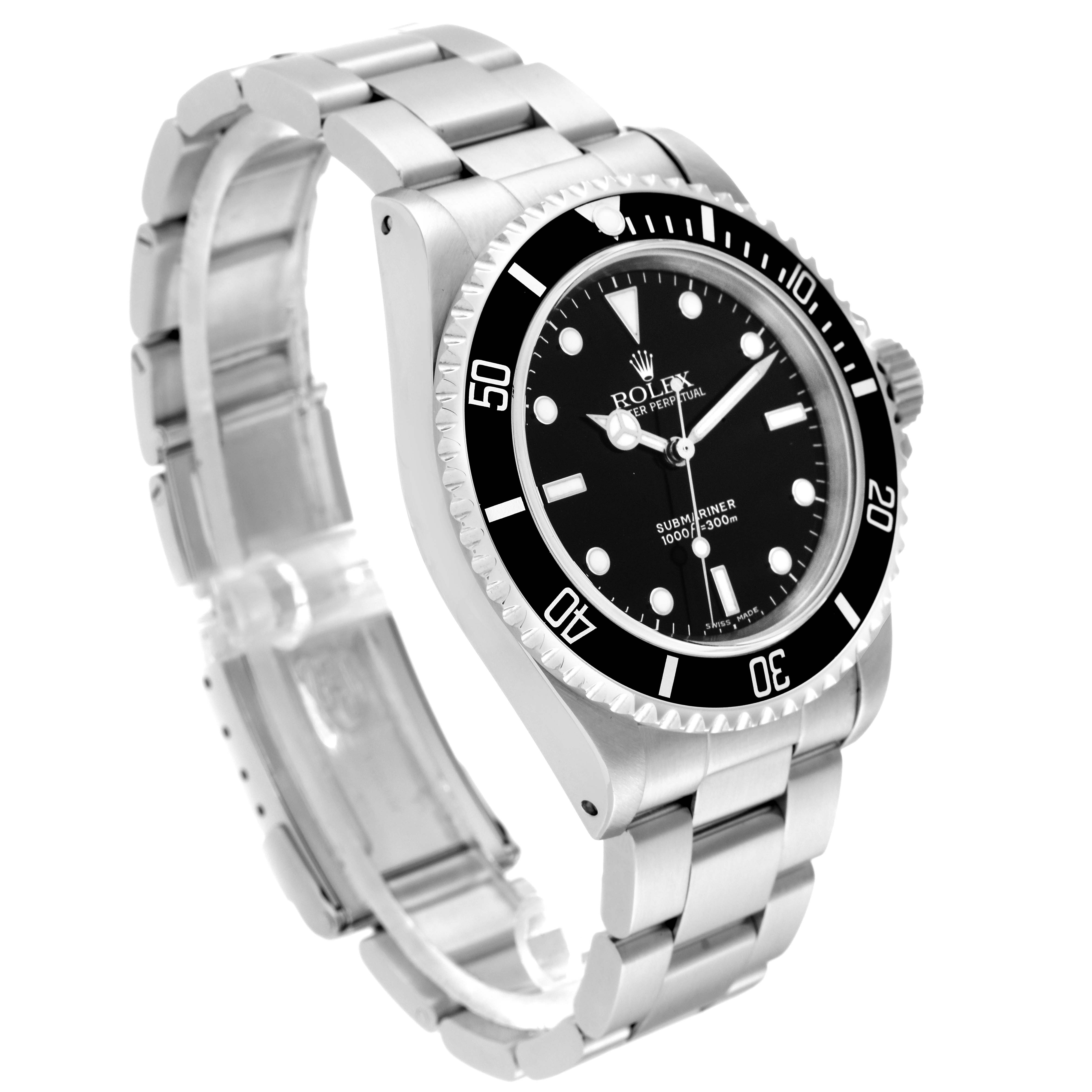 The image shows a Rolex Submariner 14060 Men's Stainless Steel Black Dial 14060 Men's Stainless Steel Black Dial watch at a slight top side angle, displaying its metal bracelet, bezel, and dial.