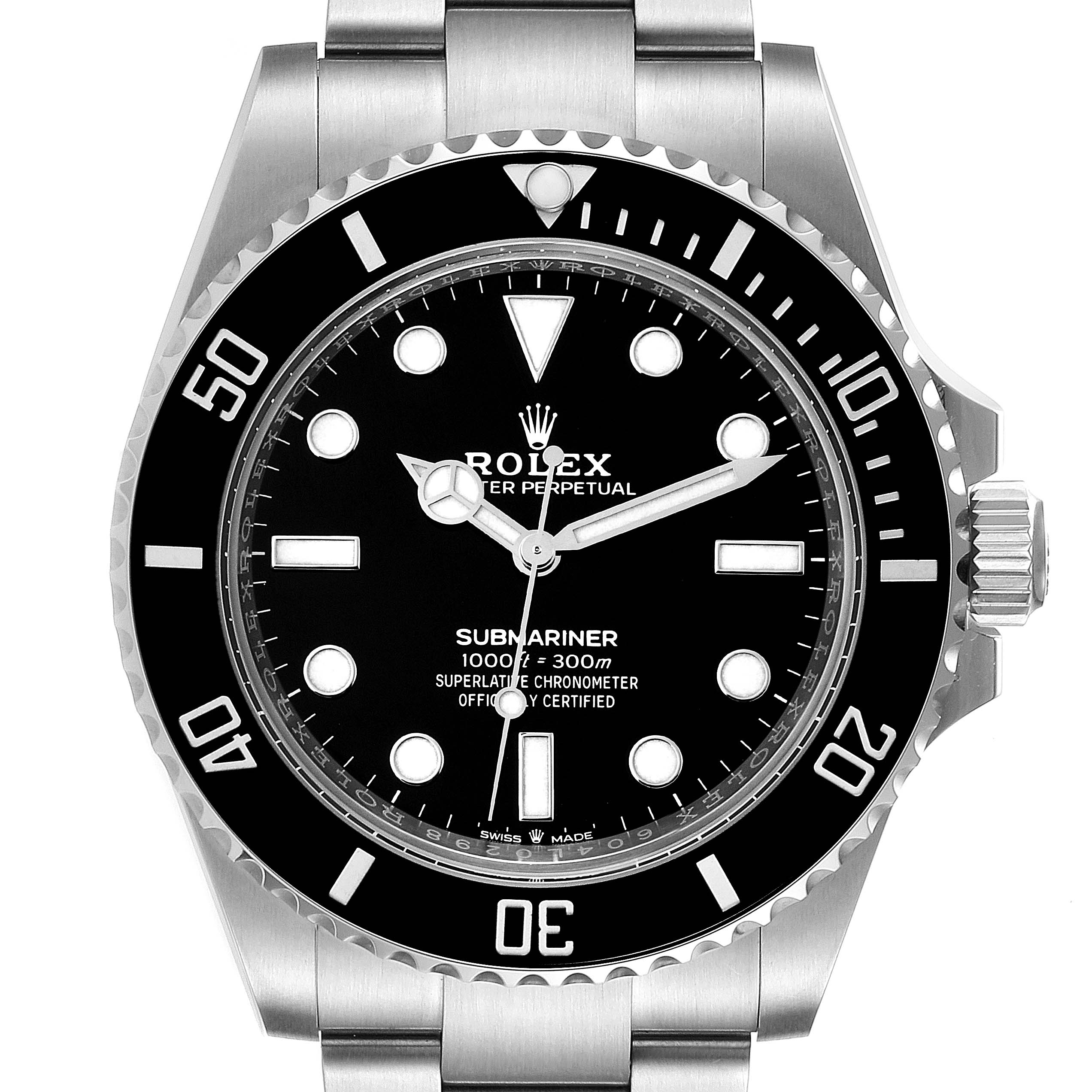 This image shows a front view of a Rolex Submariner 124060 Men
s Stainless Steel Black Dial 124060 Men
s Stainless Steel Black Dial, highlighting the dial, bezel, and bracelet.