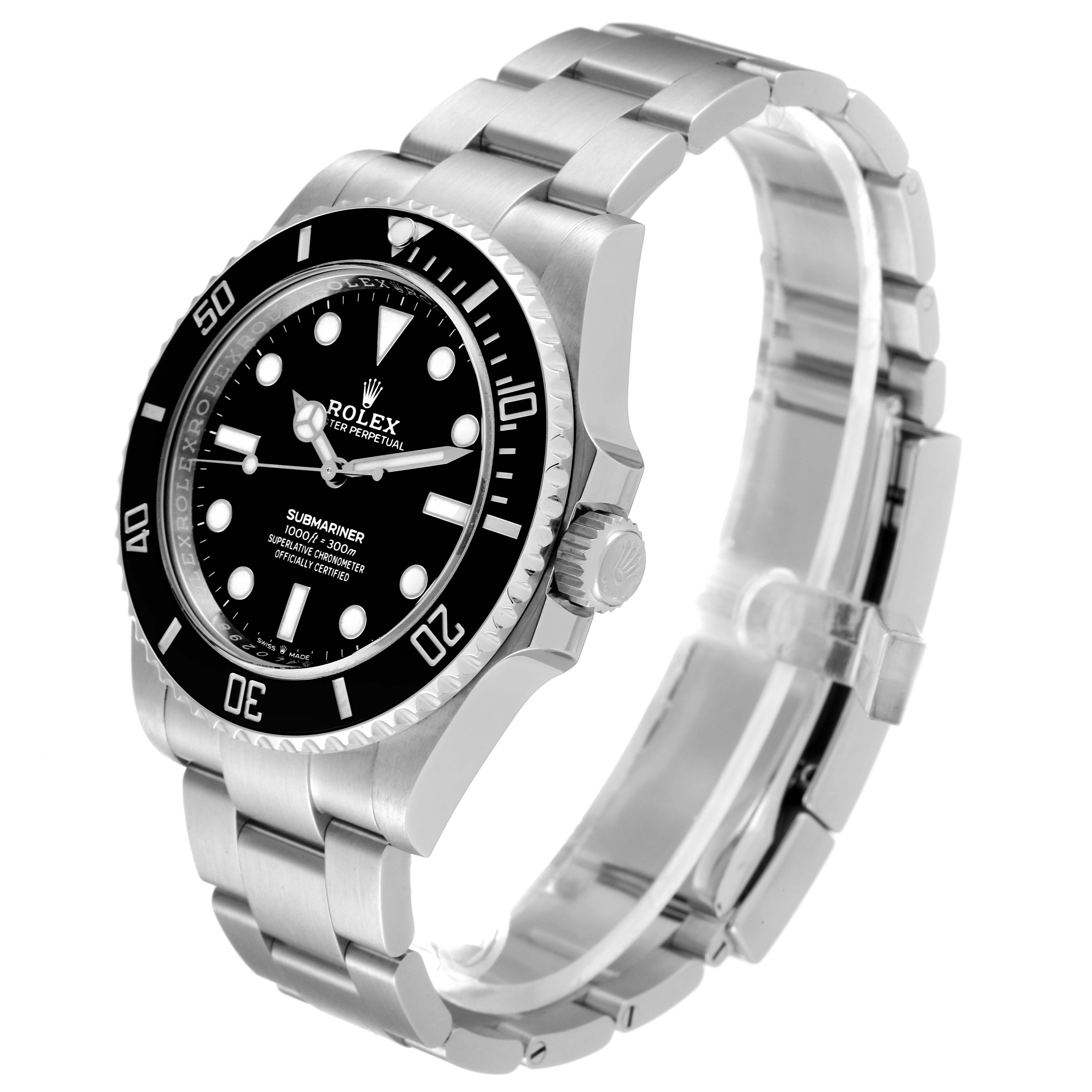 The image shows a side angle of a Rolex Submariner 124060 Men
s Stainless Steel Black Dial 124060 Men
s Stainless Steel Black Dial watch displaying the face, bezel, crown, and stainless steel bracelet.