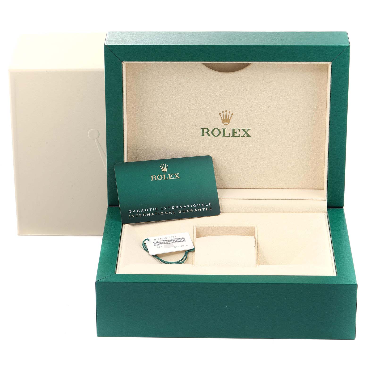 This image shows the packaging box, a Rolex guarantee card, and a tag for the Rolex Submariner 124060 Men
s Stainless Steel Black Dial 124060 Men
s Stainless Steel Black Dial watch.