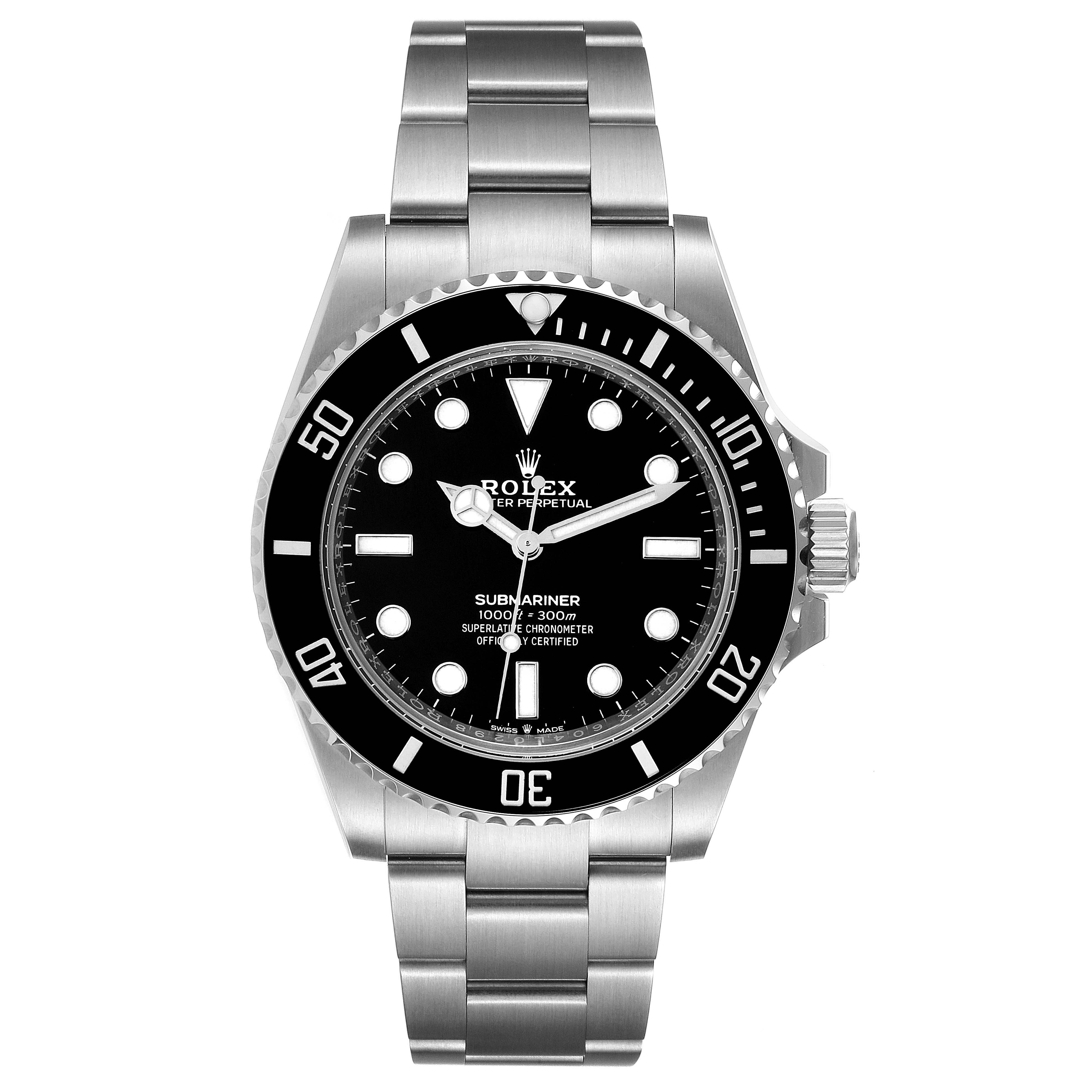 This image shows a front view of the Rolex Submariner 124060 Men
s Stainless Steel Black Dial 124060 Men
s Stainless Steel Black Dial watch, displaying its dial, bezel, and bracelet.