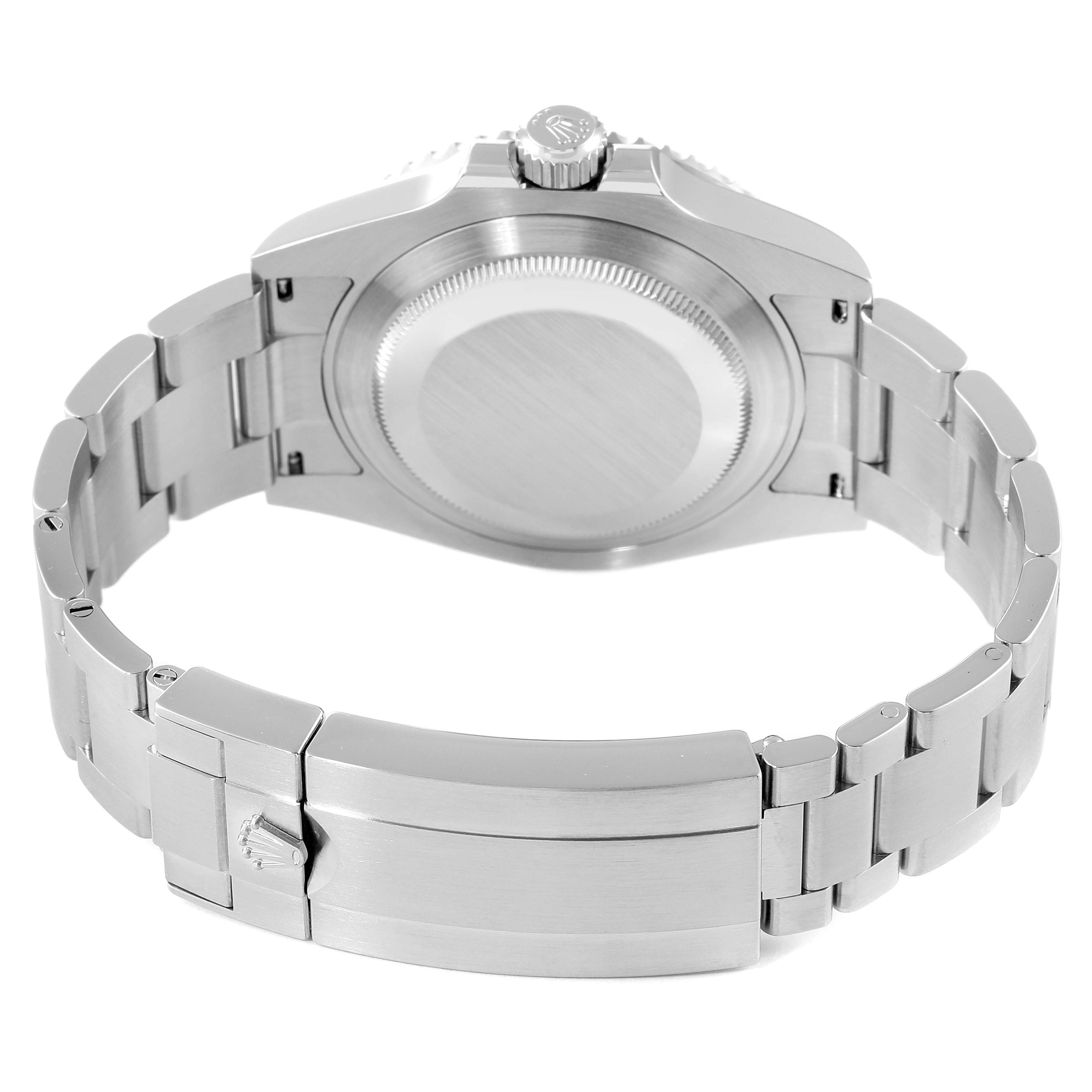 The image shows the back view of the Rolex Submariner 124060 Men
s Stainless Steel Black Dial 124060 Men
s Stainless Steel Black Dial watch, including the case back, bracelet, and clasp.