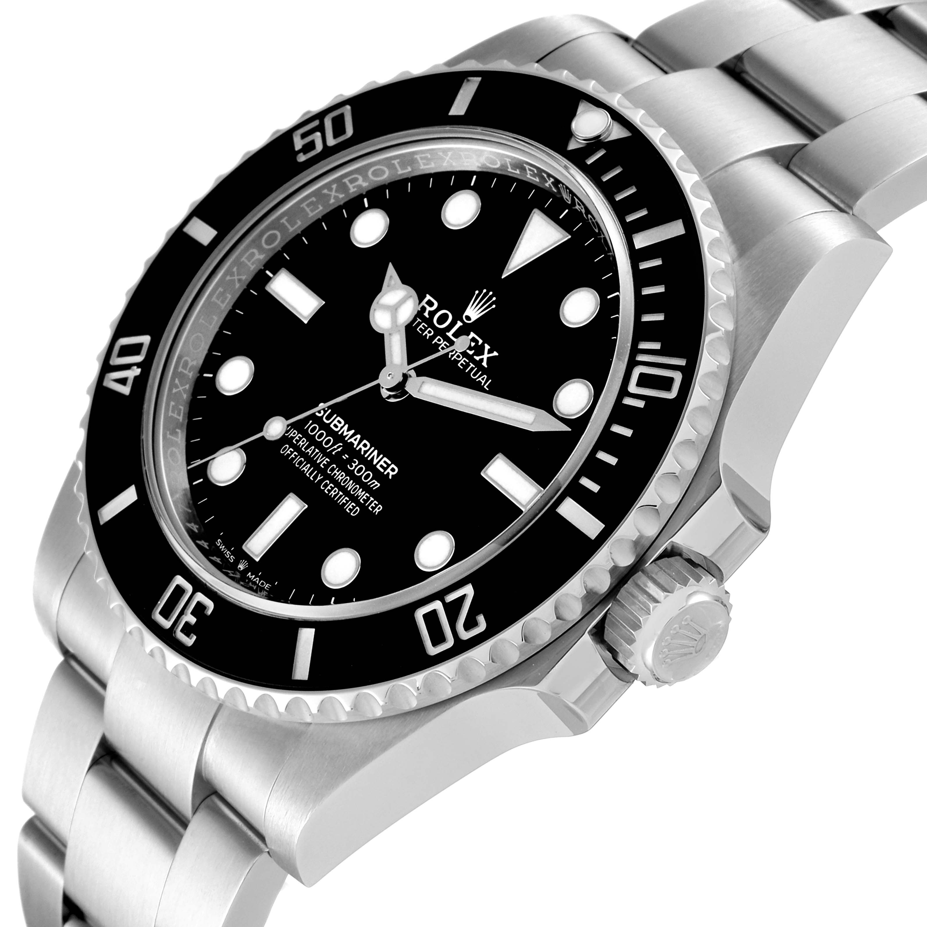 This image shows a close-up side angle of a Rolex Submariner 124060 Men
s Stainless Steel Black Dial 124060 Men
s Stainless Steel Black Dial watch, featuring its bezel, dial, and a portion of the strap.