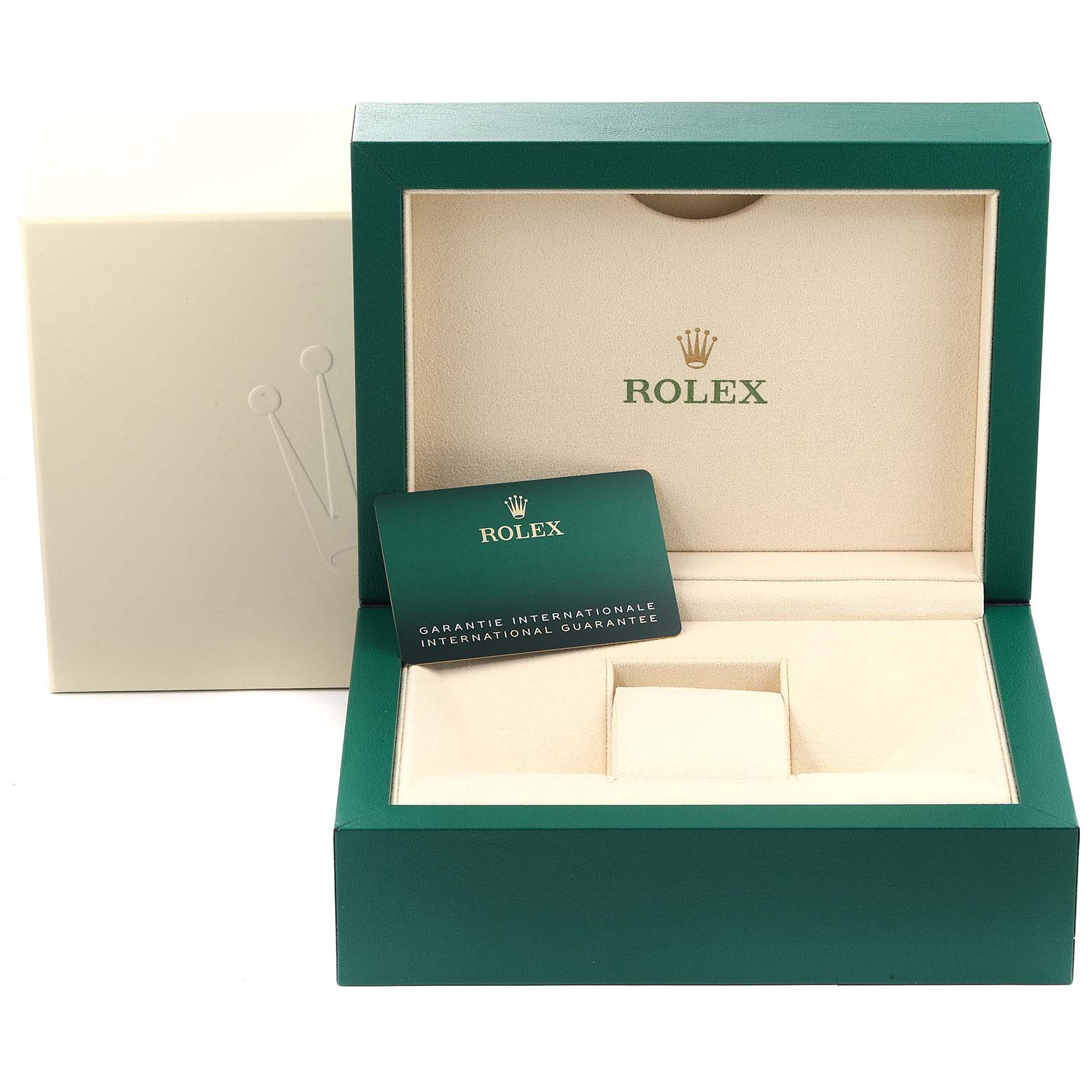 The image shows the open box and international warranty card of a Rolex Submariner 124060 Men
s Stainless Steel Black Dial 124060 Men
s Stainless Steel Black Dial watch.