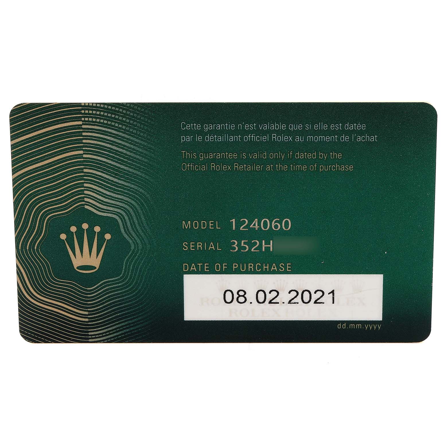 This image shows the warranty card for the Rolex Submariner 124060 Men
s Stainless Steel Black Dial 124060 Men
s Stainless Steel Black Dial model 124060.