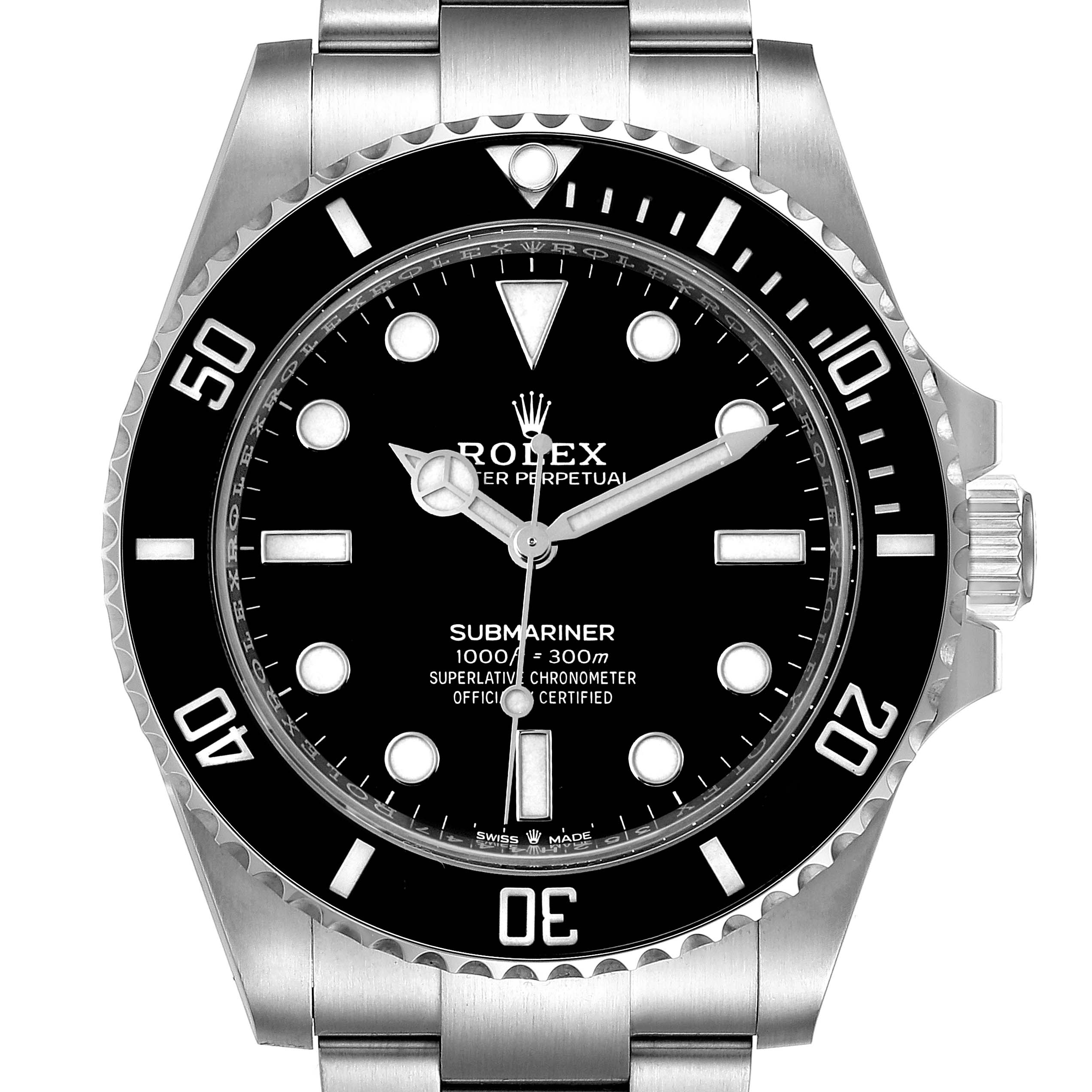 The image shows a front view of a Rolex Submariner 124060 Men
s Stainless Steel Black Dial 124060 Men
s Stainless Steel Black Dial watch, highlighting its black dial, stainless steel case, and bracelet.