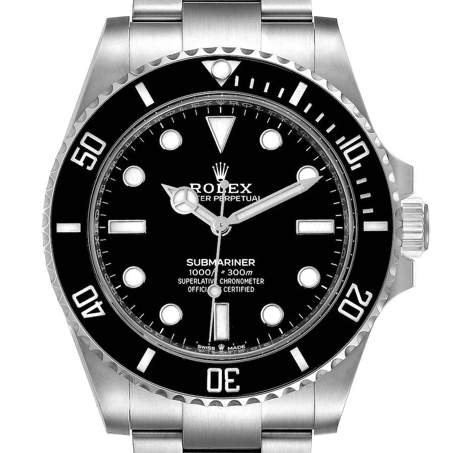 The image shows a front view of a Rolex Submariner watch, highlighting its black dial, stainless steel case, and bracelet.