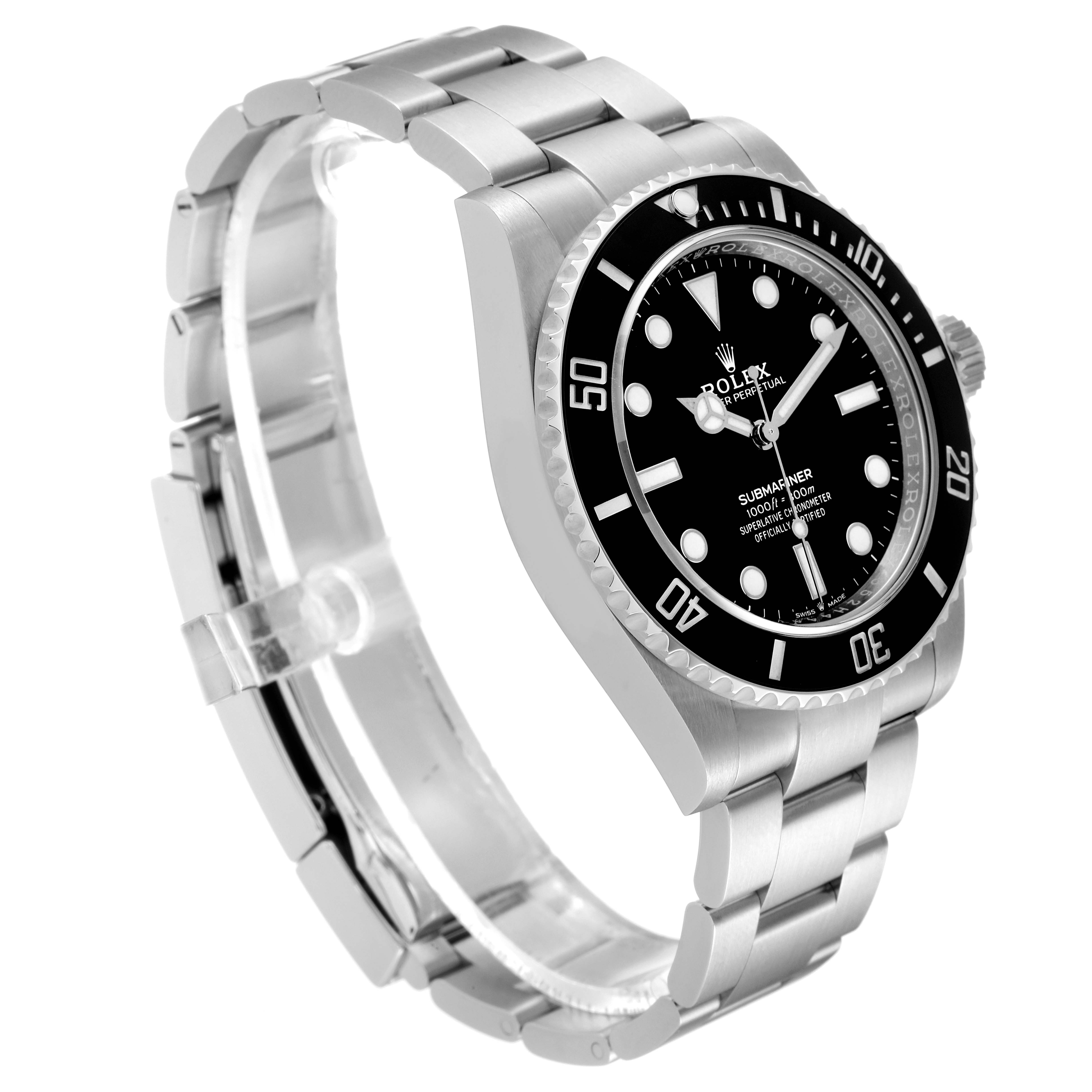 The image shows a Rolex Submariner 124060 Men
s Stainless Steel Black Dial 124060 Men
s Stainless Steel Black Dial watch angled from the left side, highlighting the face, bezel, crown, and bracelet.