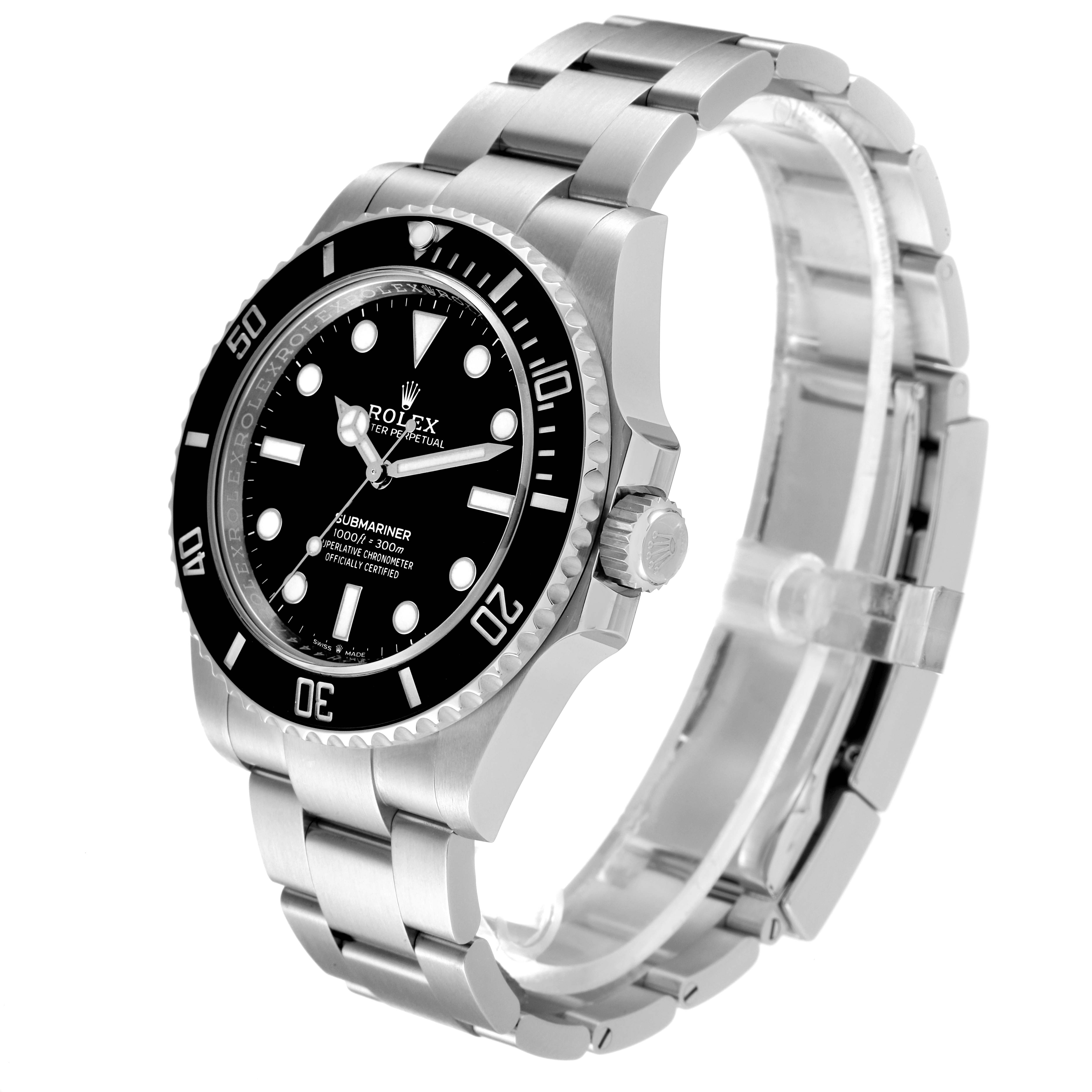 This image shows a Rolex Submariner 124060 Men
s Stainless Steel Black Dial 124060 Men
s Stainless Steel Black Dial watch at a side angle, highlighting the face, bezel, crown, and bracelet.