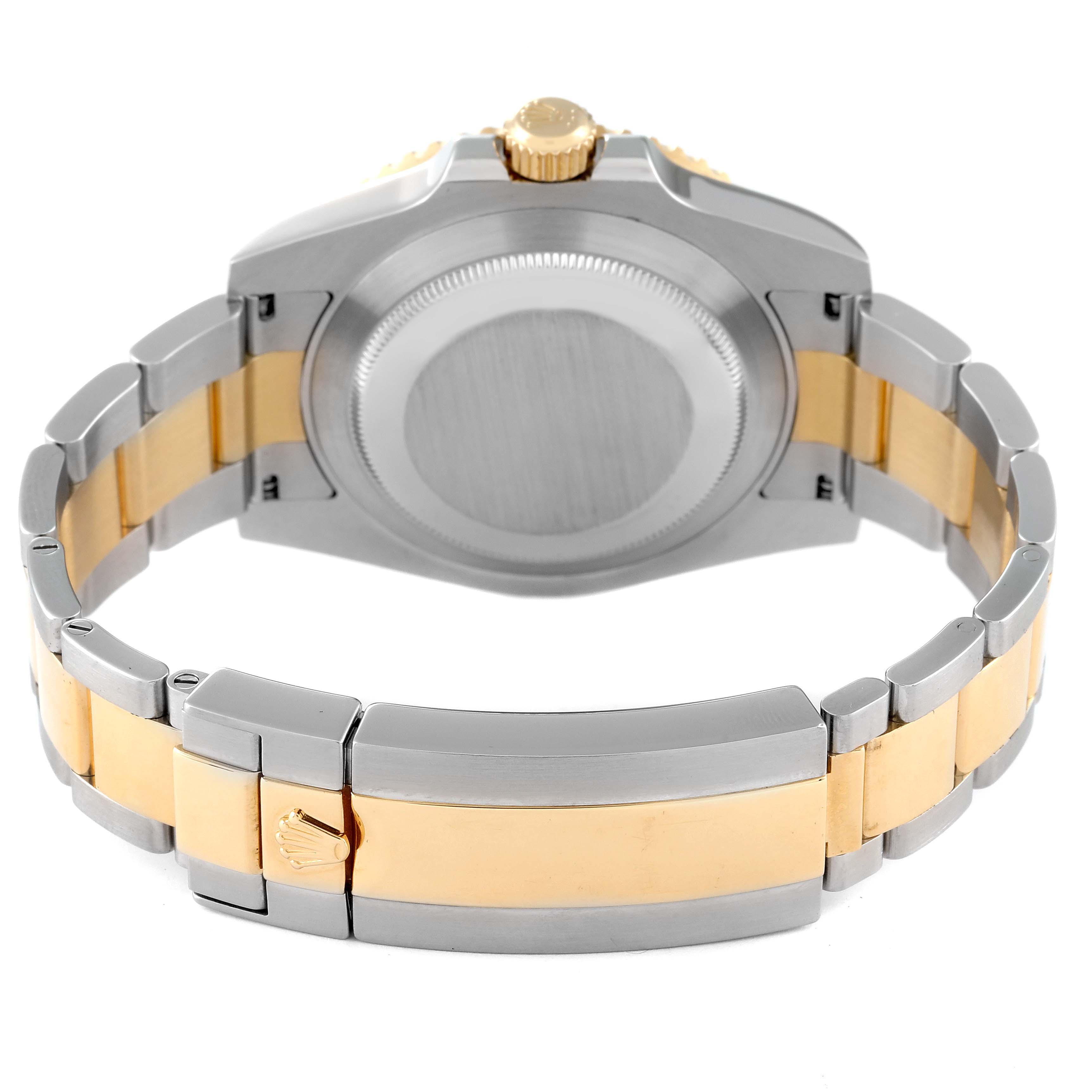 This image shows the back view of a Rolex Submariner 116613 Men's Steel and Gold (two tone) Blue Dial 116613 Men's Steel and Gold (two tone) Blue Dial, highlighting its case back, bracelet, and clasp.