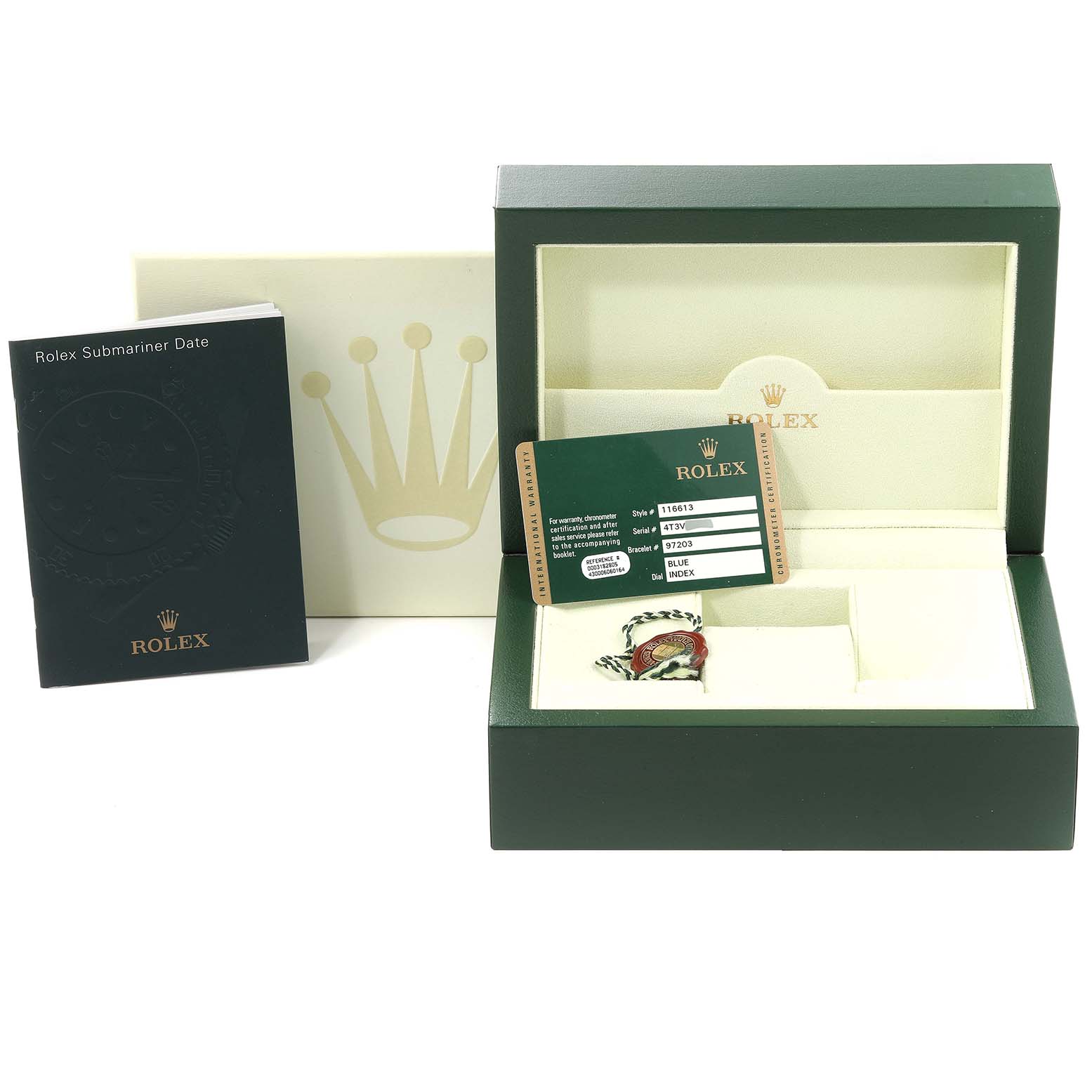 This image shows the box, booklet, warranty card, and hang tag of a Rolex Submariner 116613 Men's Steel and Gold (two tone) Blue Dial 116613 Men's Steel and Gold (two tone) Blue Dial watch.