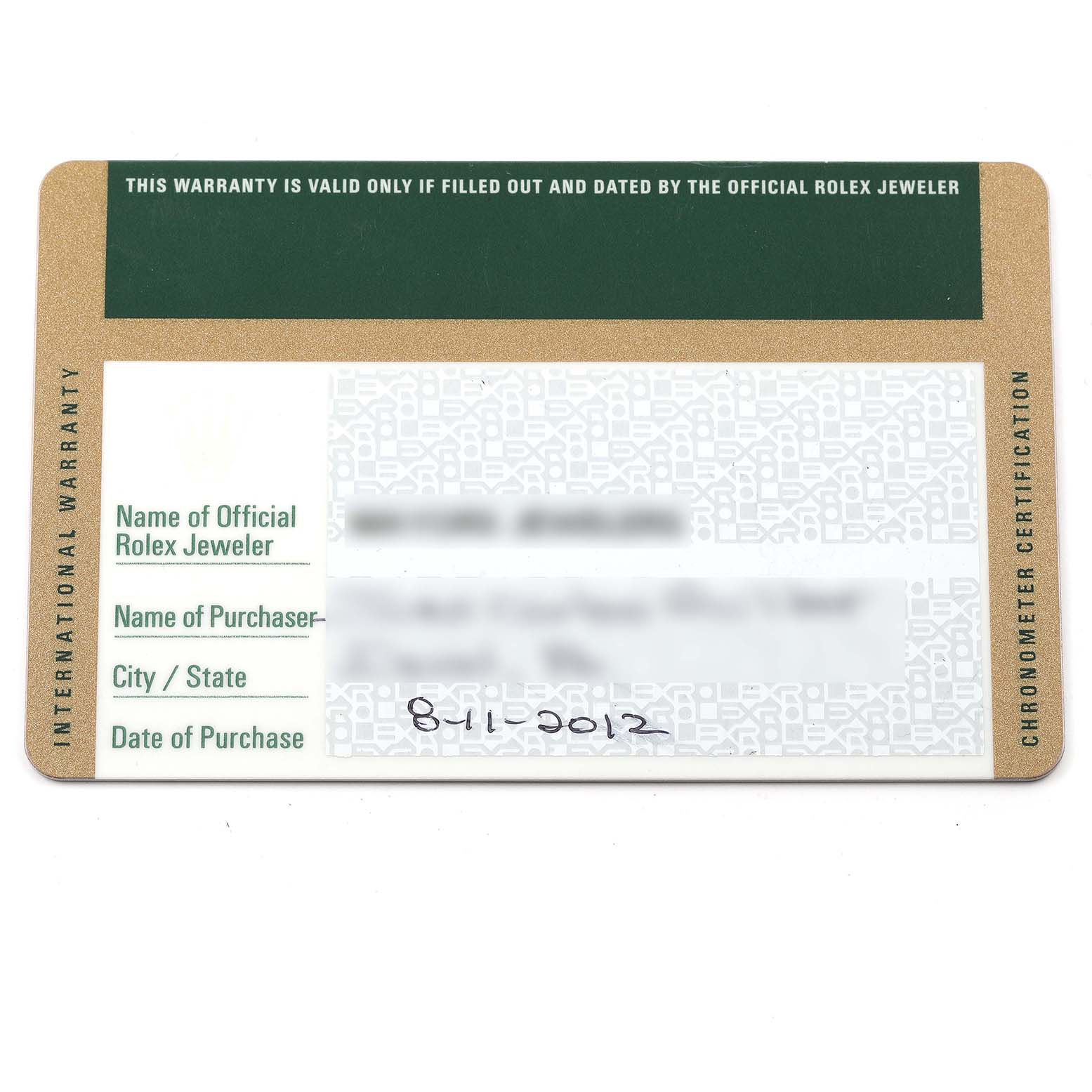 The image shows the warranty card for a Rolex Submariner 116613 Men's Steel and Gold (two tone) Blue Dial 116613 Men's Steel and Gold (two tone) Blue Dial watch, displaying fields for purchase details.