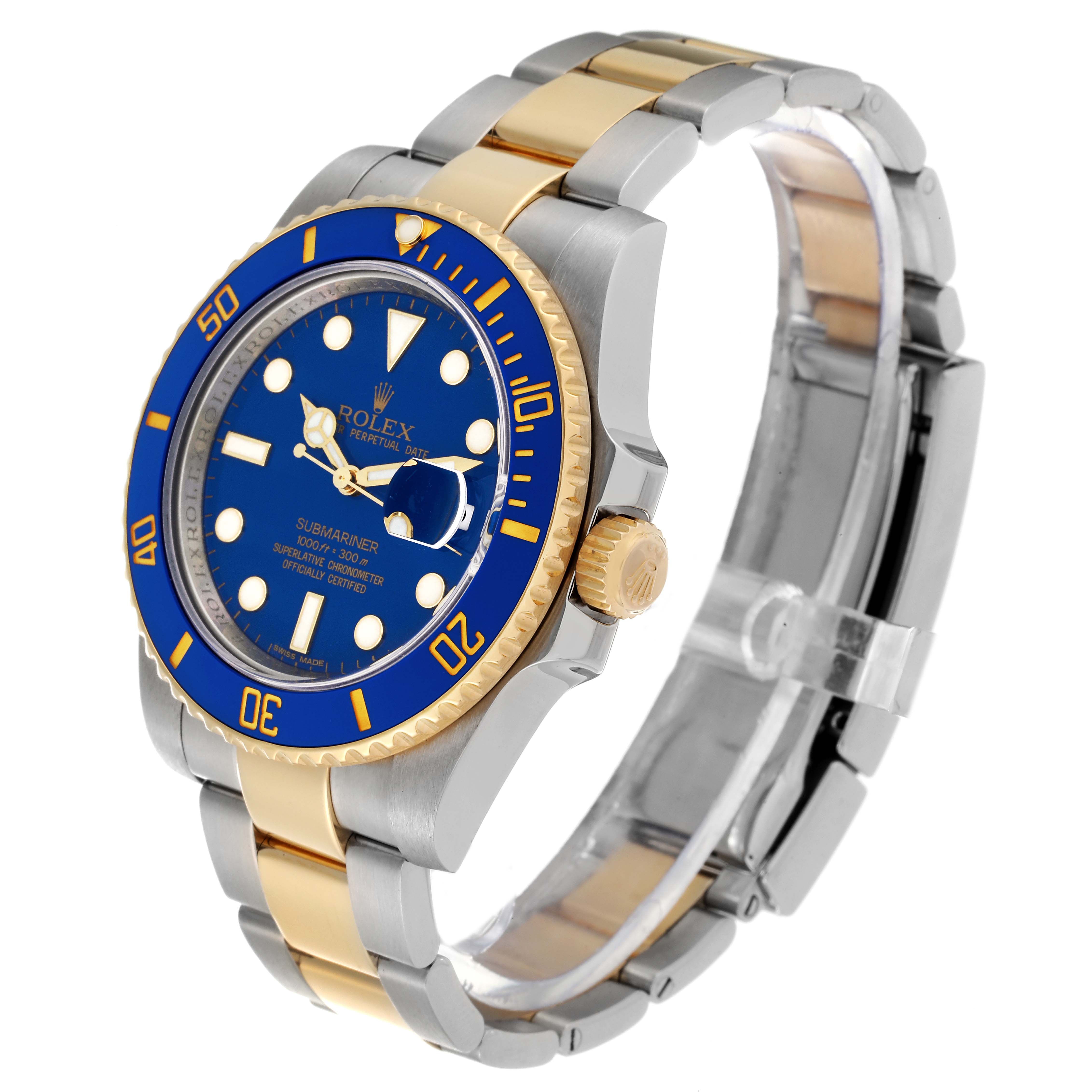 The Rolex Submariner 116613 Men's Steel and Gold (two tone) Blue Dial 116613 Men's Steel and Gold (two tone) Blue Dial watch is shown at a three-quarter angle, highlighting its blue dial, bezel, and two-tone bracelet.
